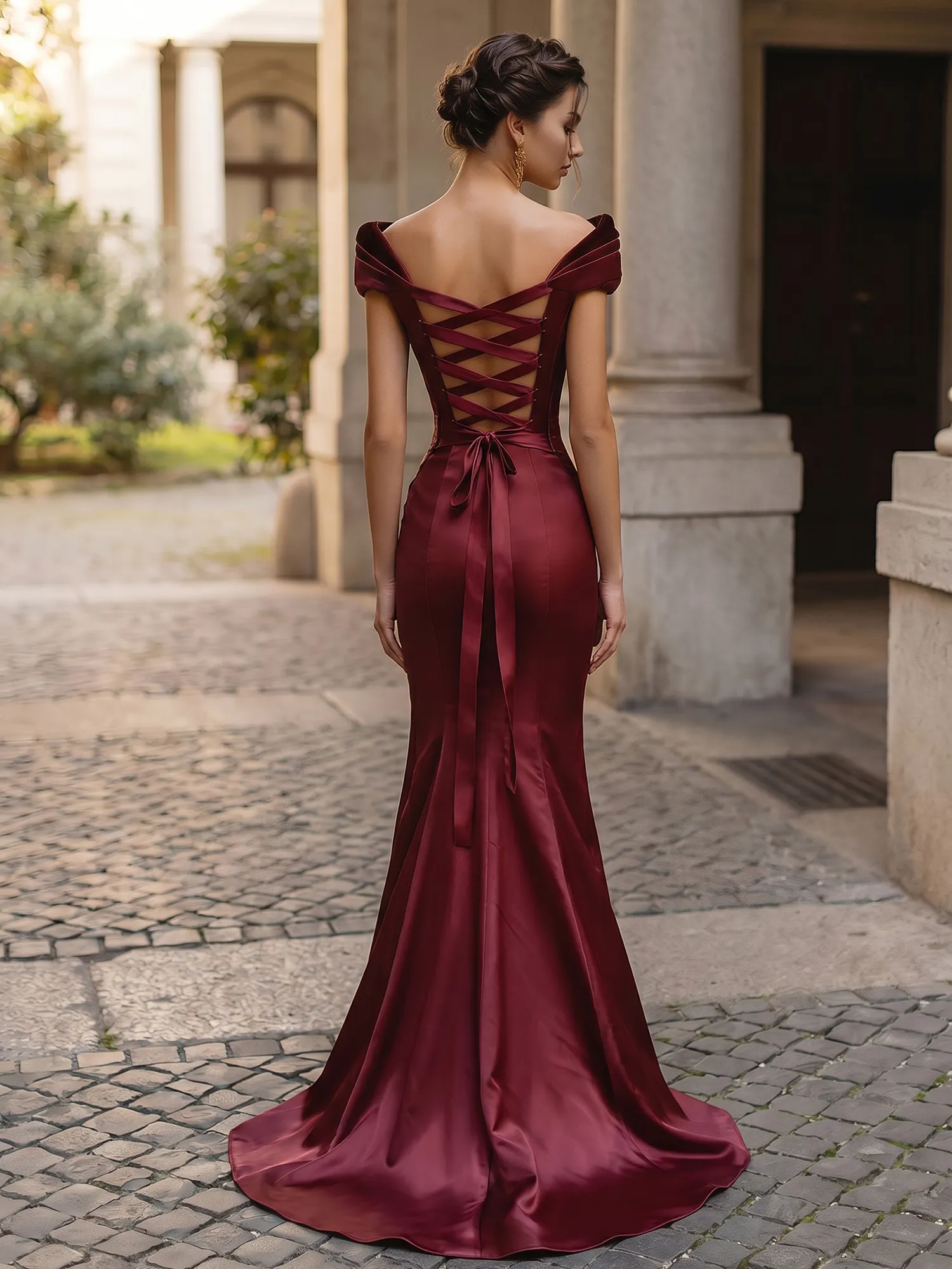 Off-the-Shoulder Sweetheart Lace-Up Back Satin Mermaid Prom Dress