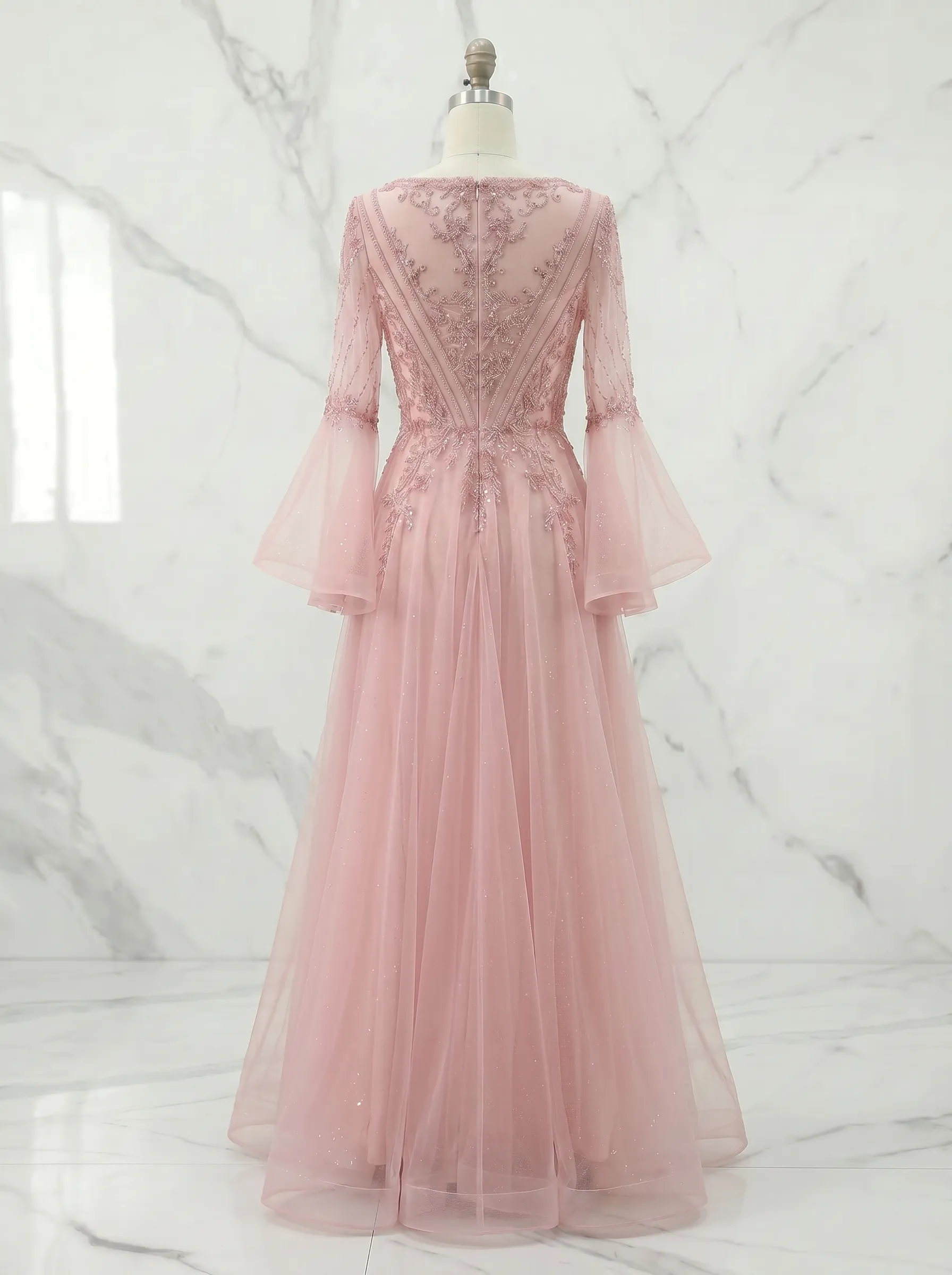 V-Neck Beaded Lace Bell Sleeve Tulle A-Line Prom Gown
