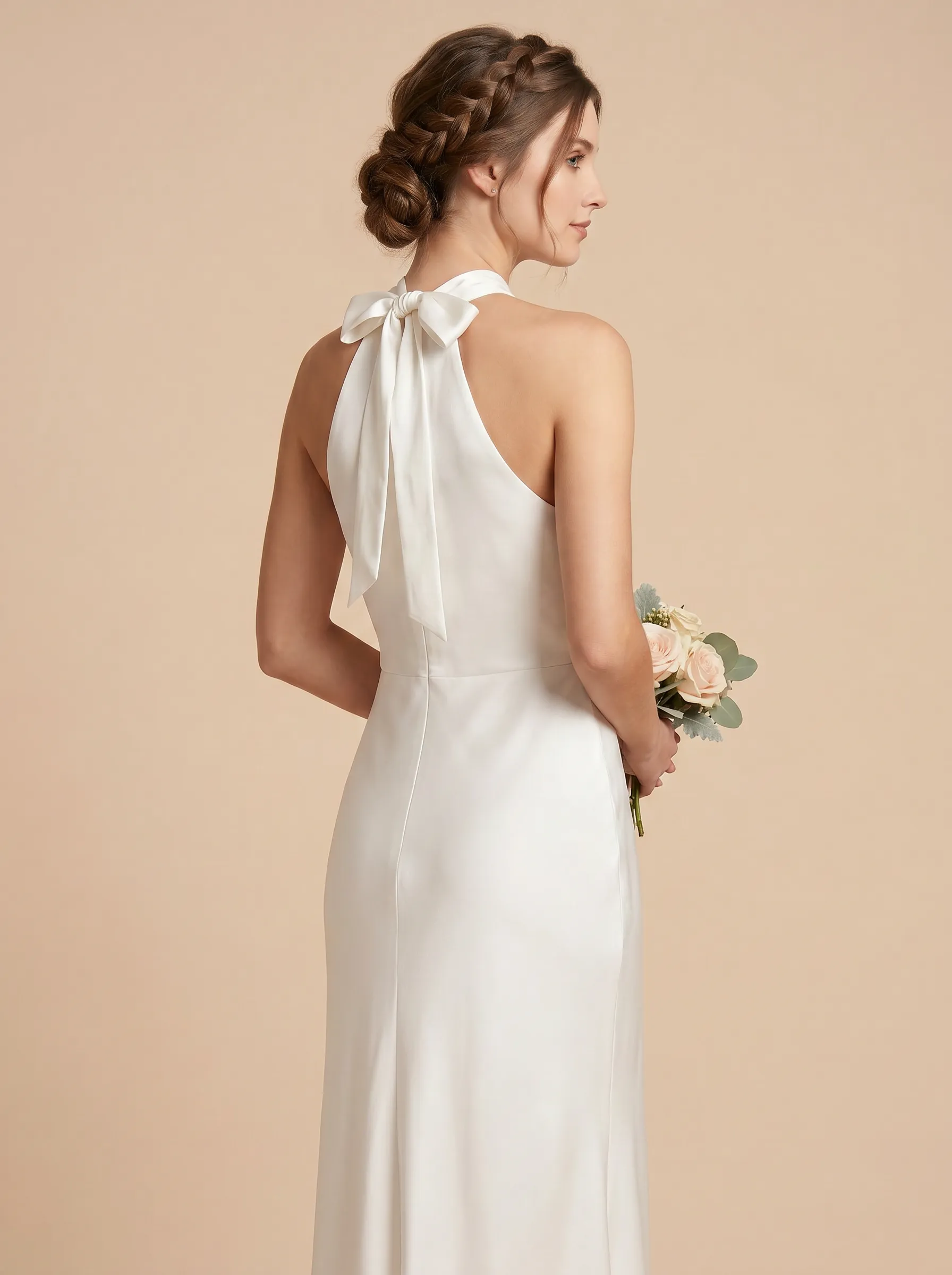 Halter Neck Satin Sheath Bridesmaid Dress with Back Bow