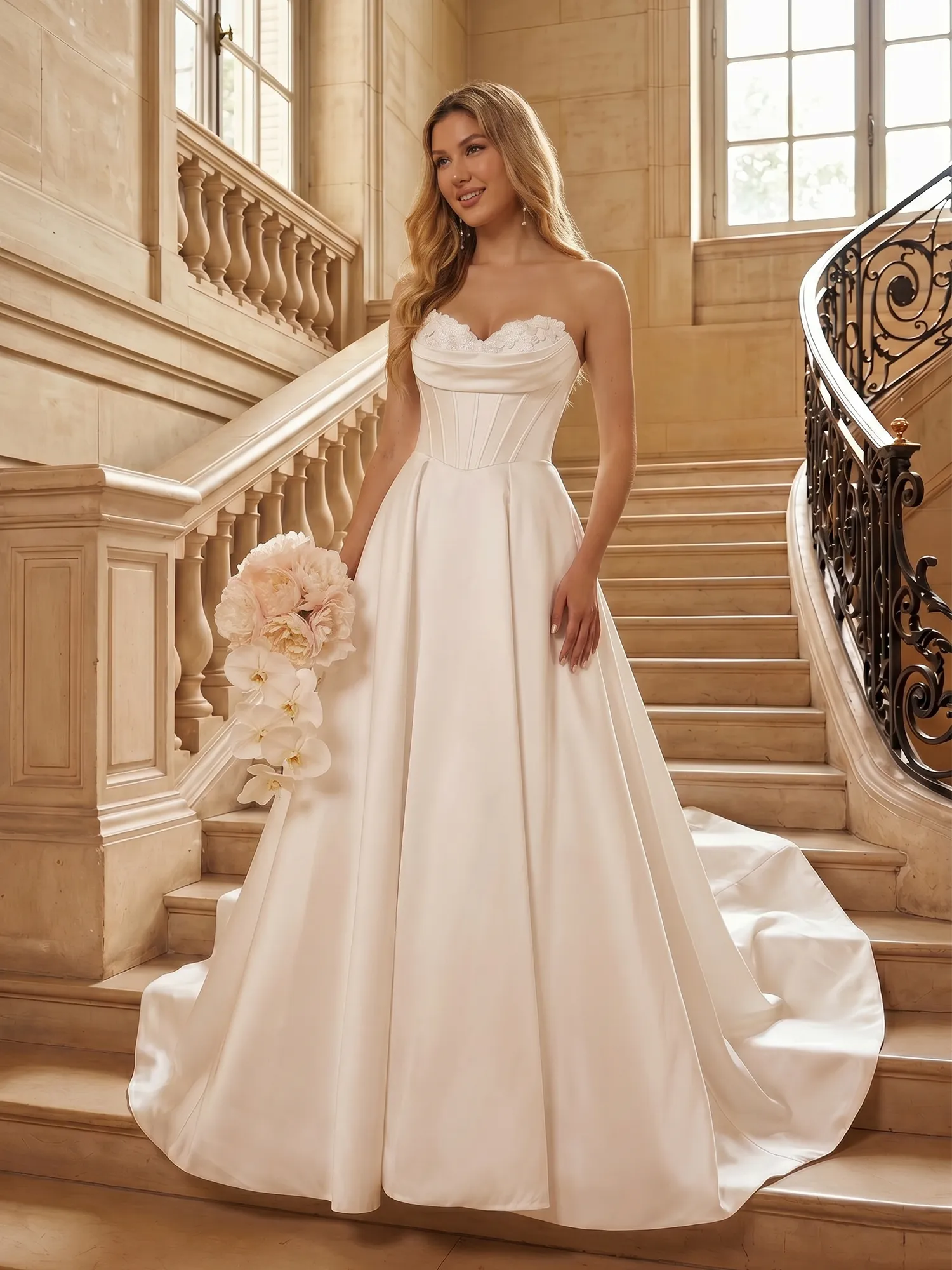Strapless Lace-Corset Satin Ball Gown Wedding Dress