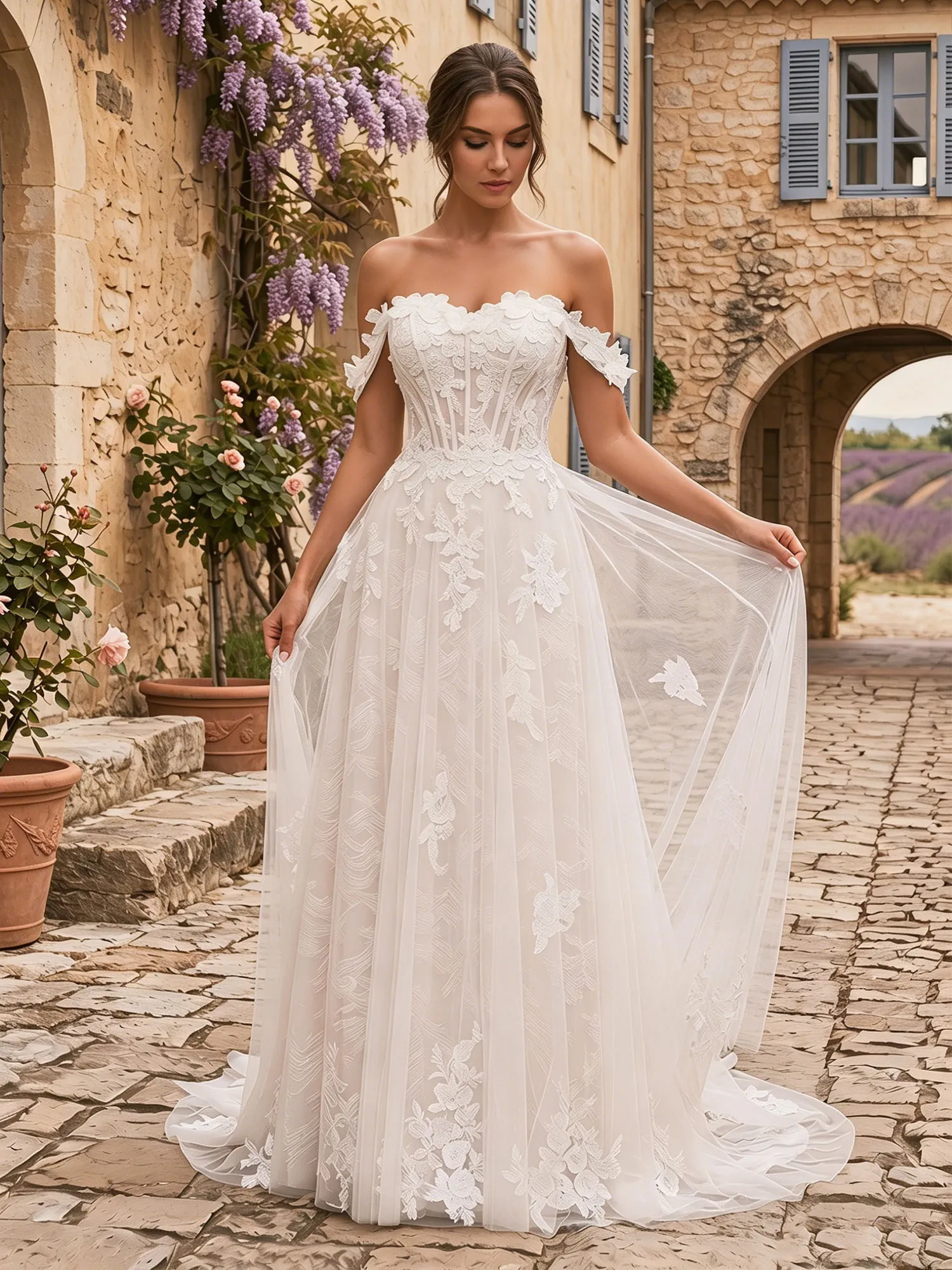 Off-the-Shoulder Lace Corset A-Line Wedding Dress