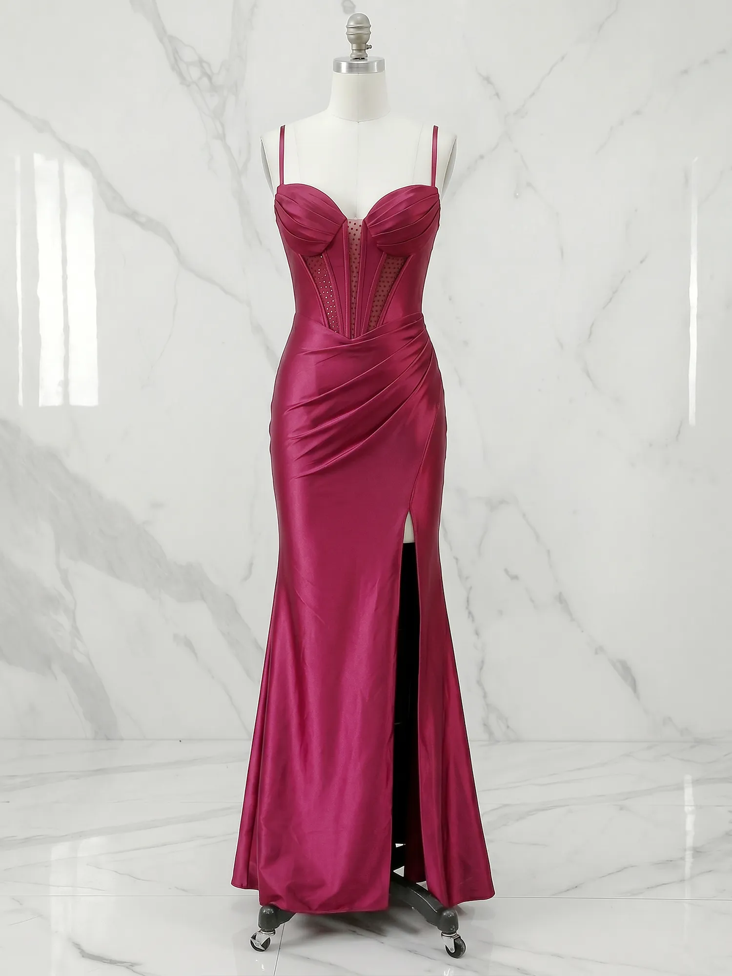 Burgundy Spaghetti Strap Corset Mermaid Prom Gown with Slit