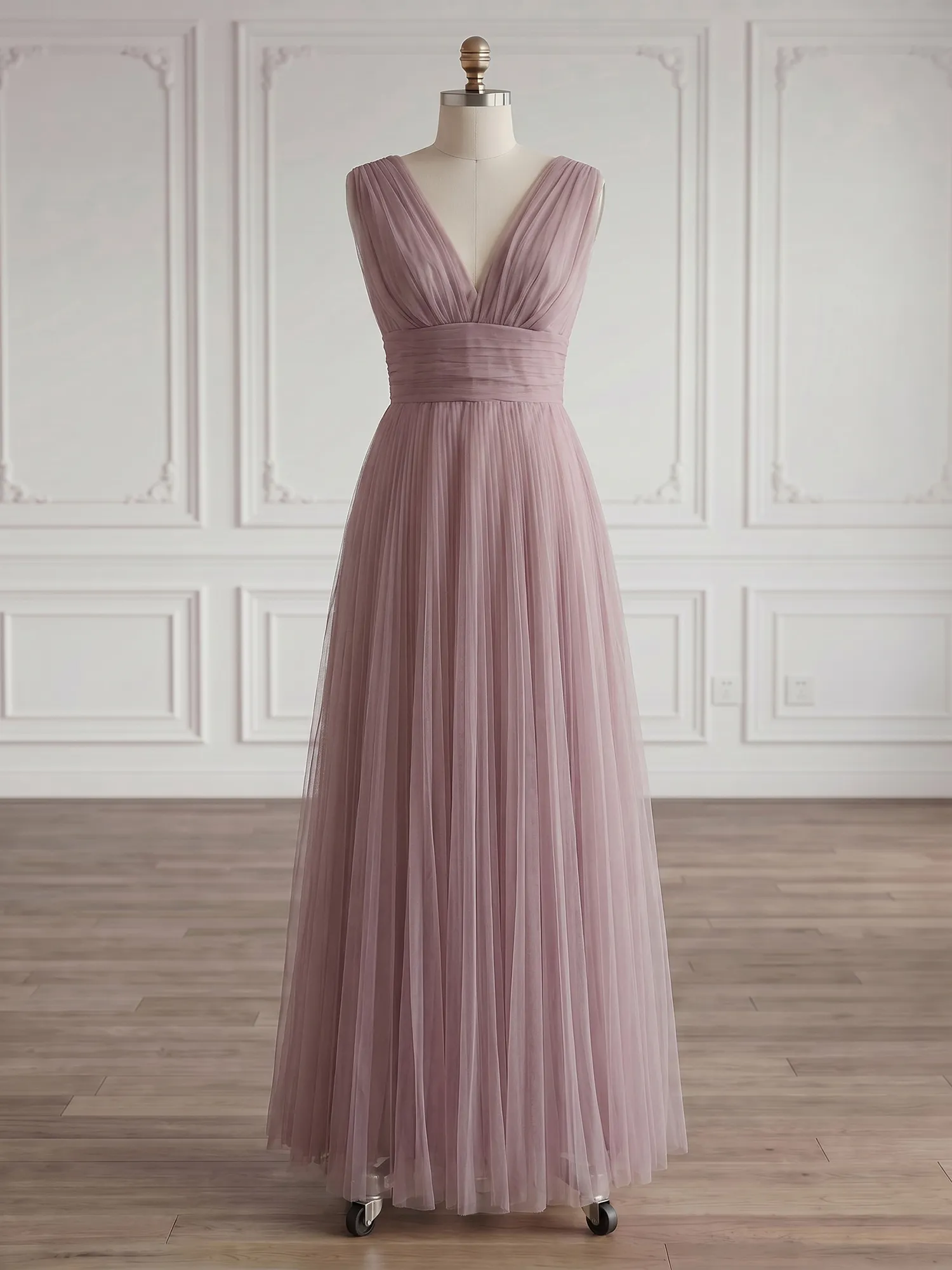 Draped V-Neck Pleated Tulle Evening Gown Maxi Dress
