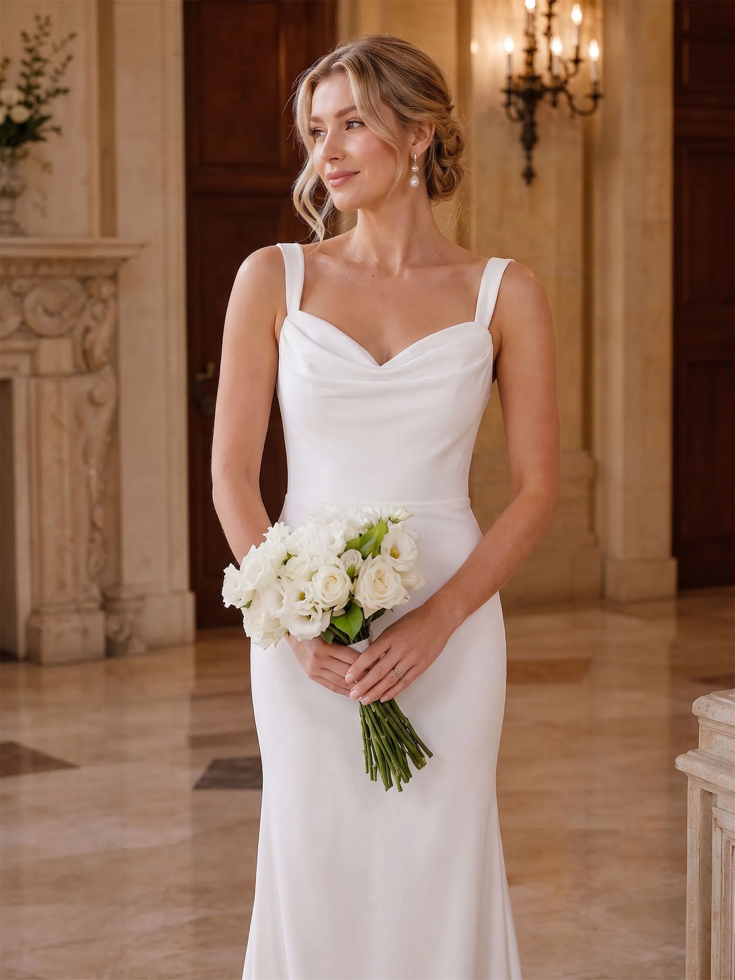 White Satin Cowl Neck Mermaid Wedding Dress
