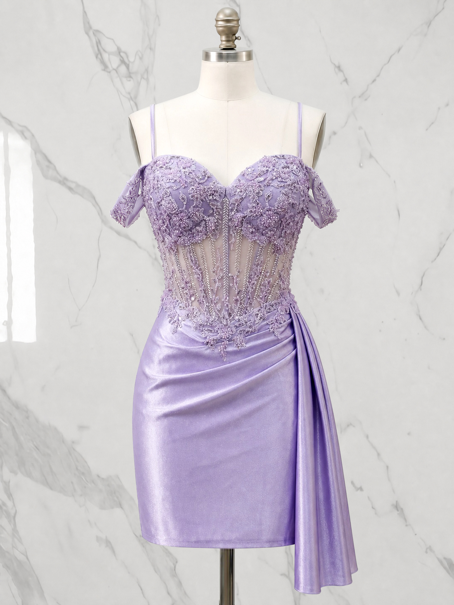 Off-the-Shoulder Lace Corset Homecoming Dress with Side Drape