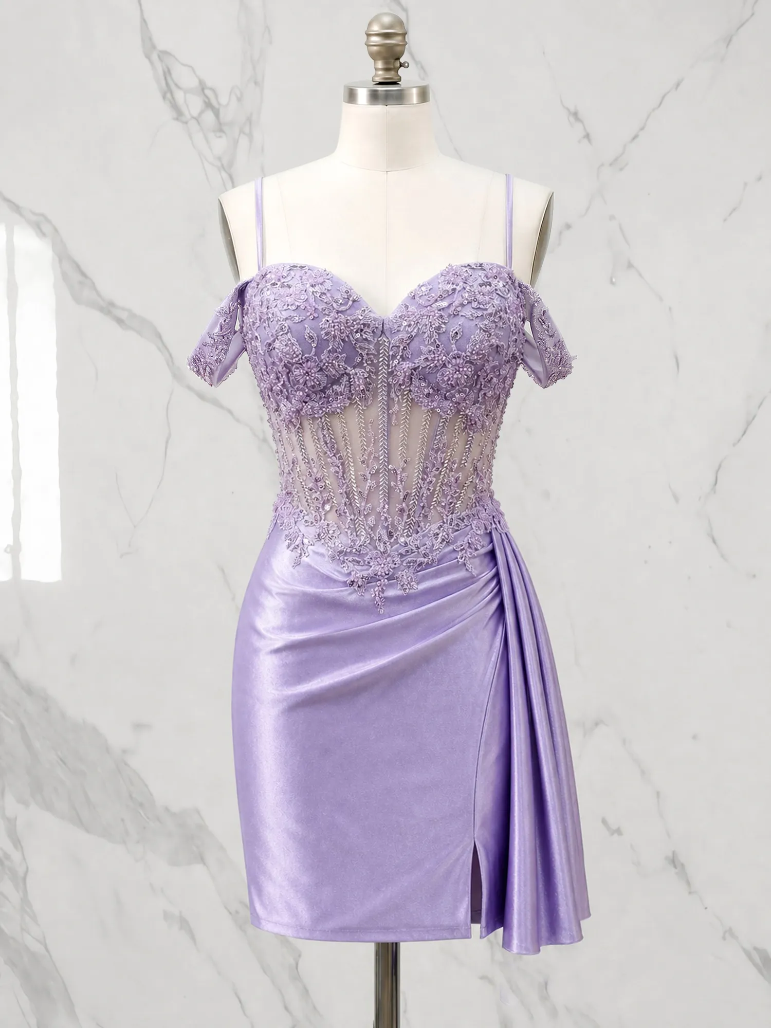 Off-the-Shoulder Lace Corset Homecoming Dress with Draped Skirt