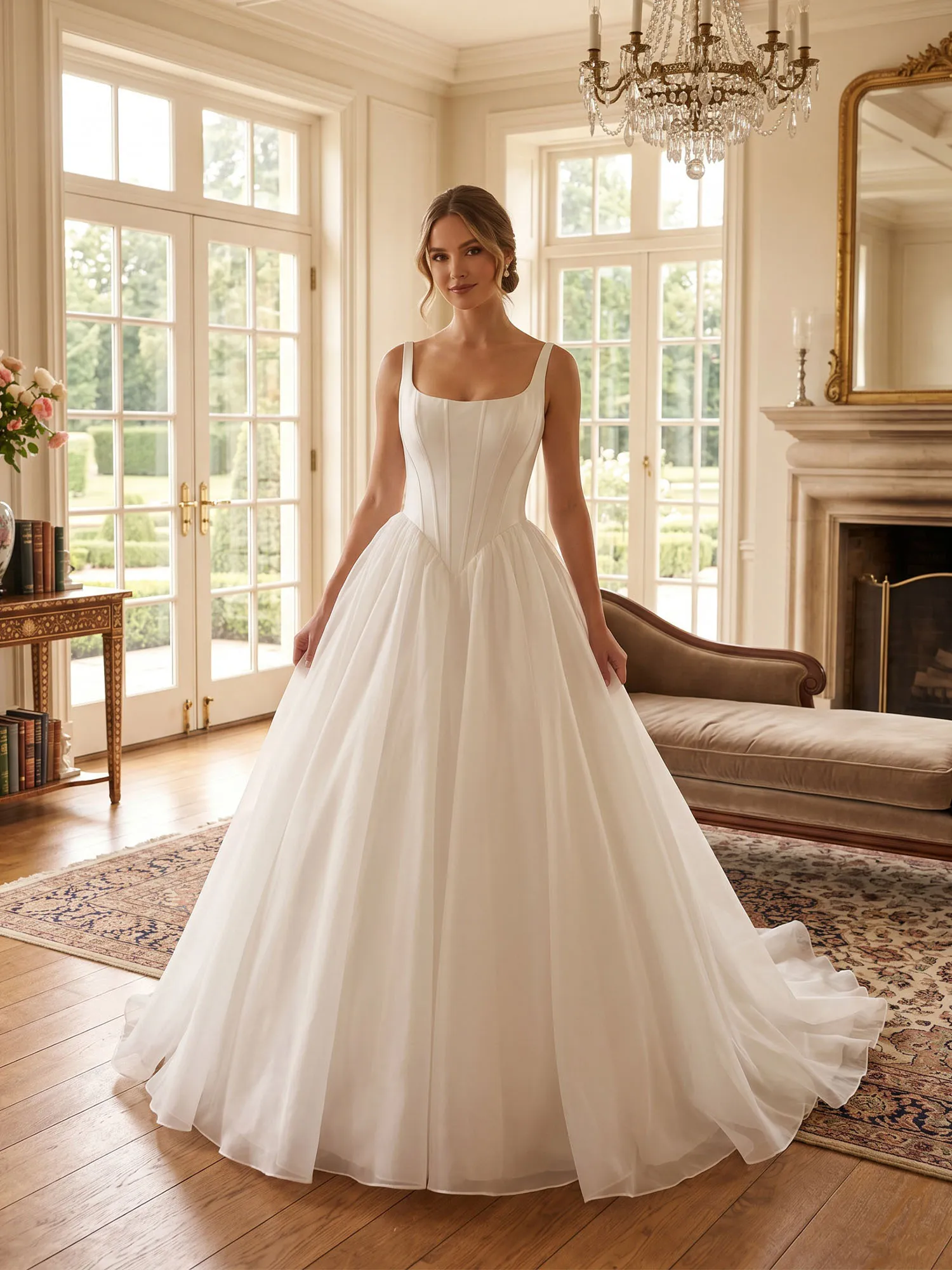 White Square Neck Corset A-Line Wedding Dress