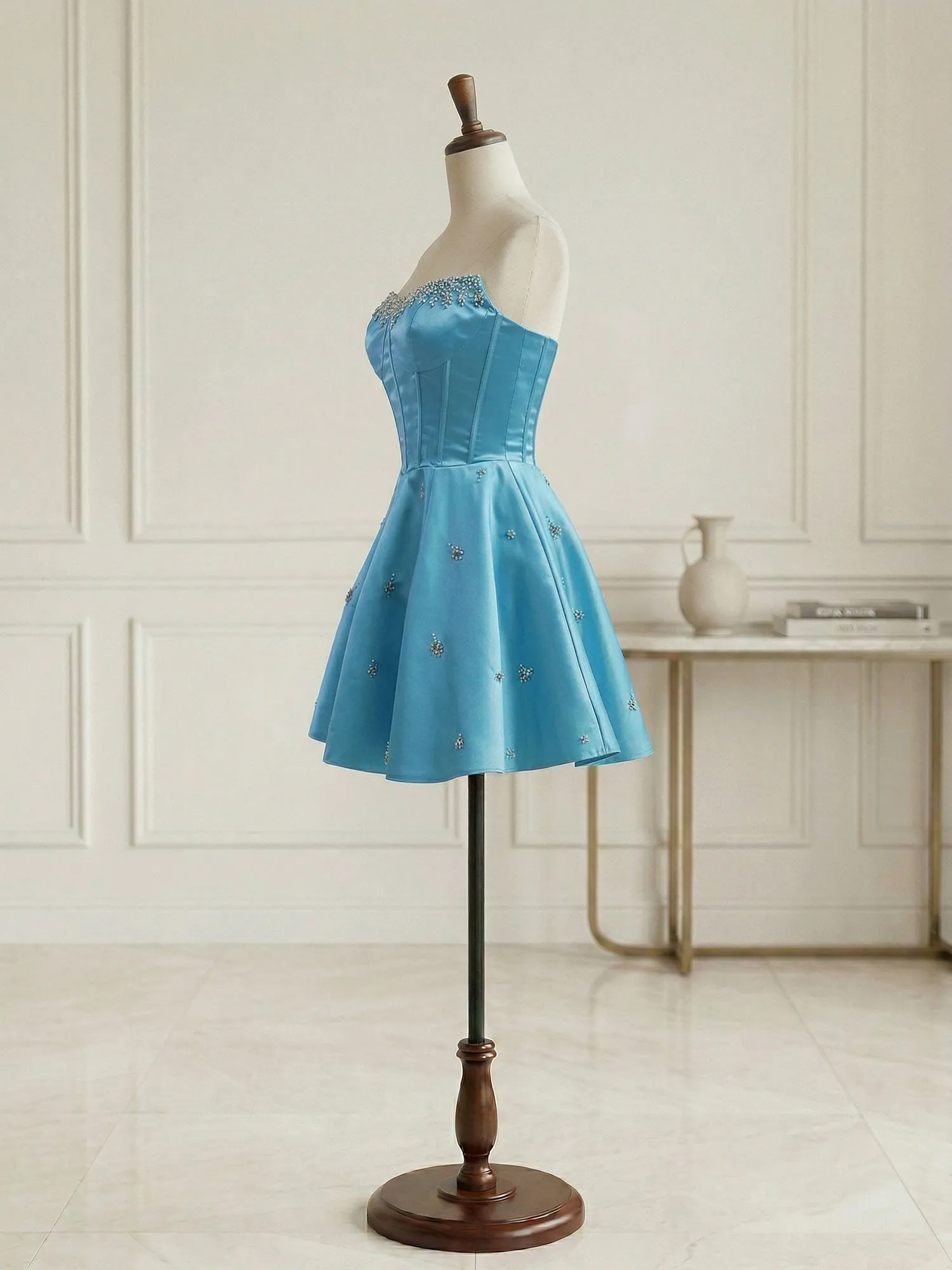 Strapless Beaded Corset Lace-Up Back Satin Homecoming Dress