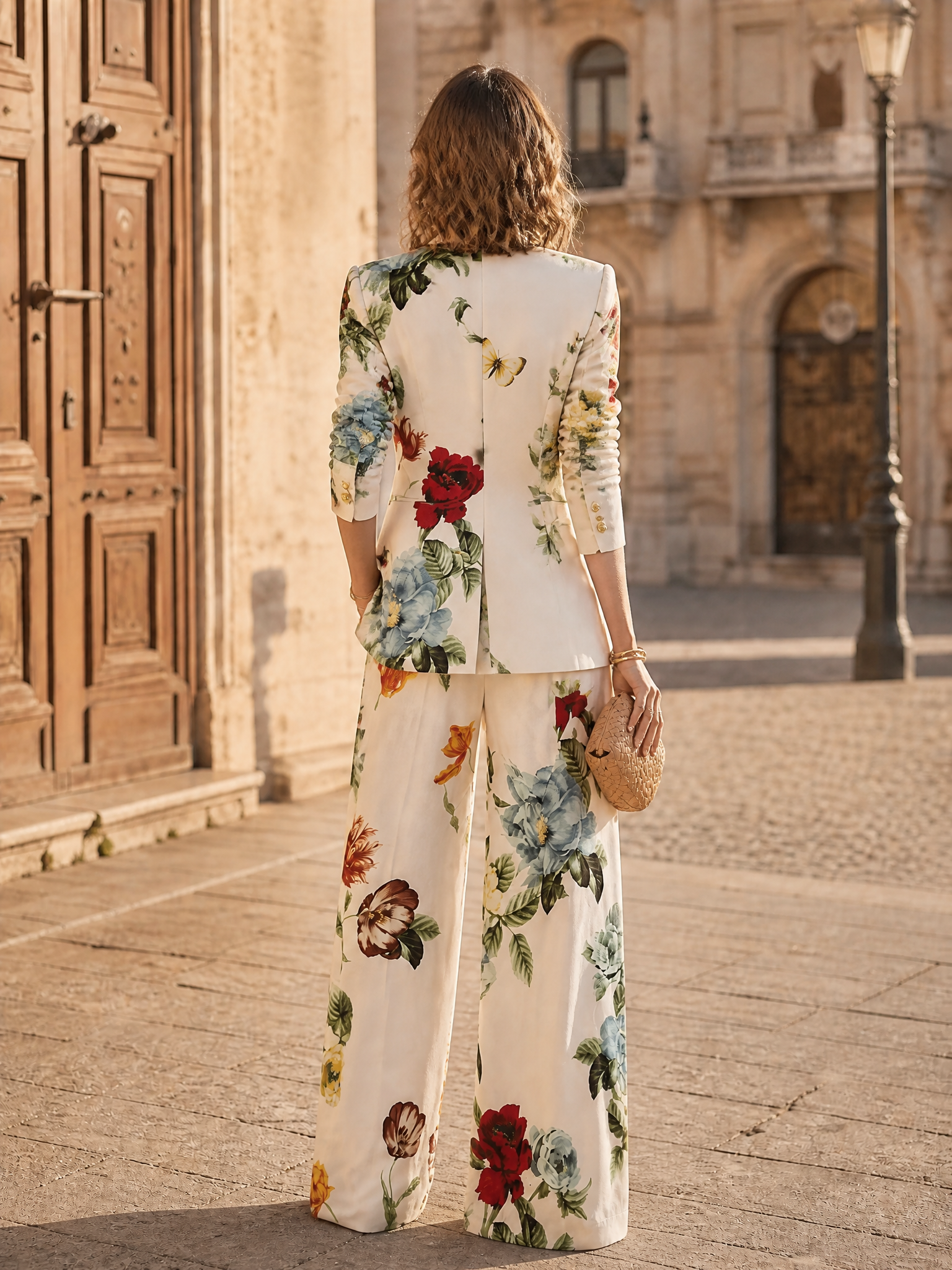 Vibrant Floral Print V-Neck Single-Button Blazer & Wide-Leg Trouser Suit Set Evening Gown Dress