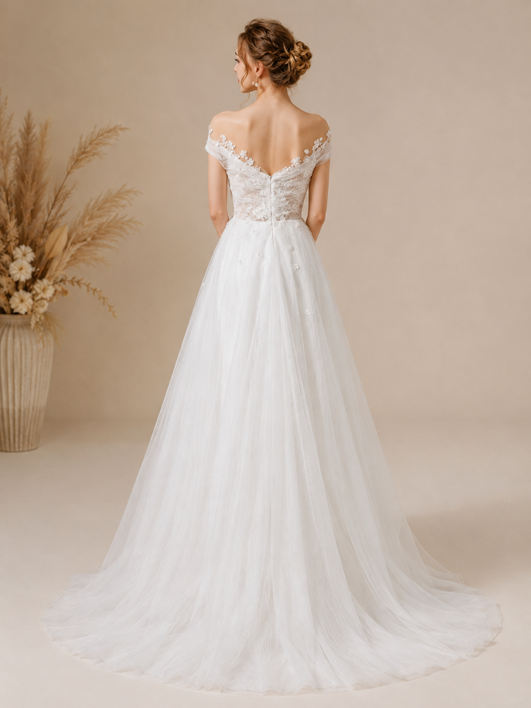 White Off-the-Shoulder Sweetheart Tulle Lace A-Line Maxi Wedding Dress 