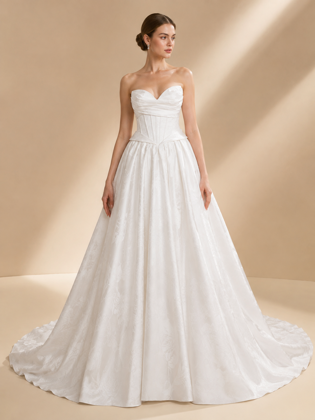 White Strapless Sweetheart Corset Floral Jacquard A-Line Wedding Dress 