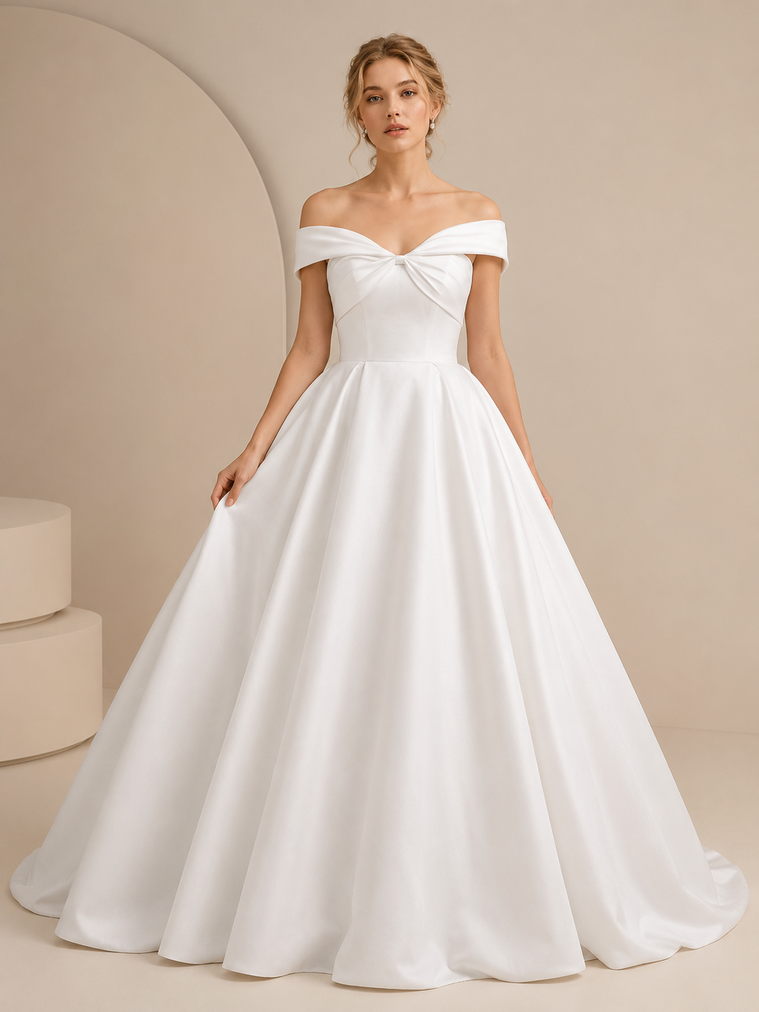 White Off-the-Shoulder Satin Wedding Dress with Back Bow