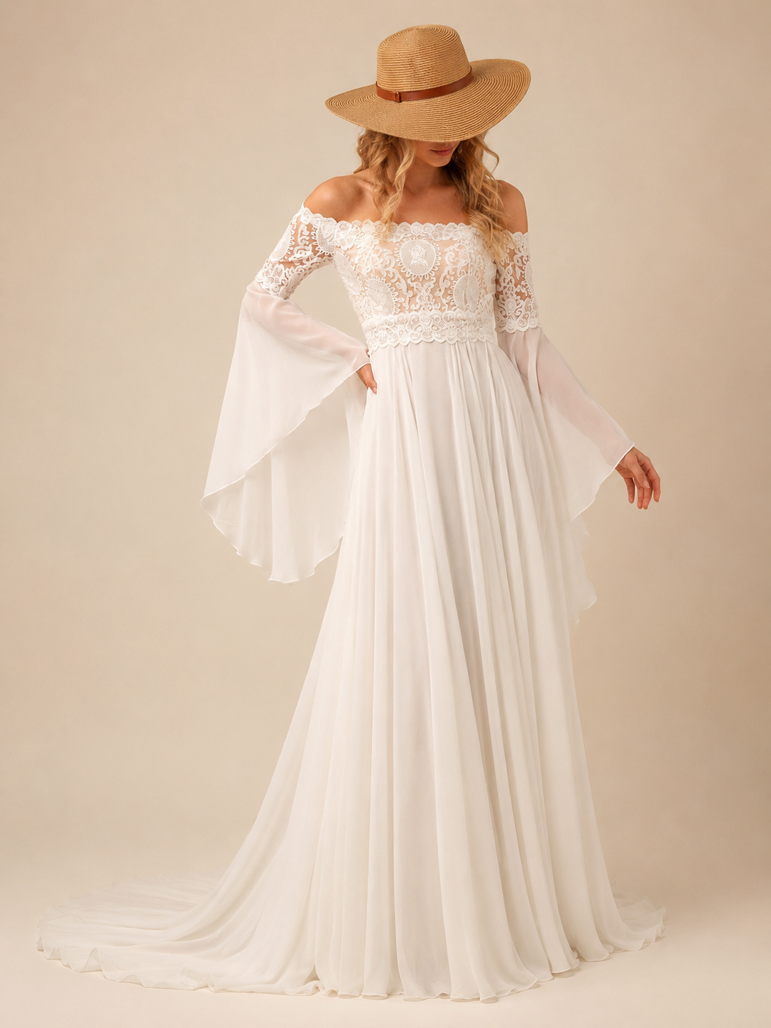 White Off-the-Shoulder Bell-Sleeve Lace Chiffon A-Line Wedding Dress 