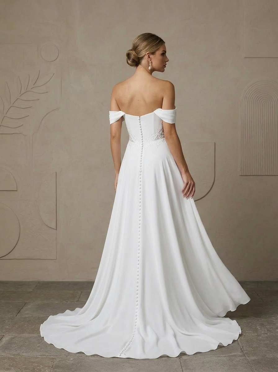 Timeless Ivory Off-the-Shoulder Lace Bodice Sweetheart Neckline Crepe Back Wedding Dress