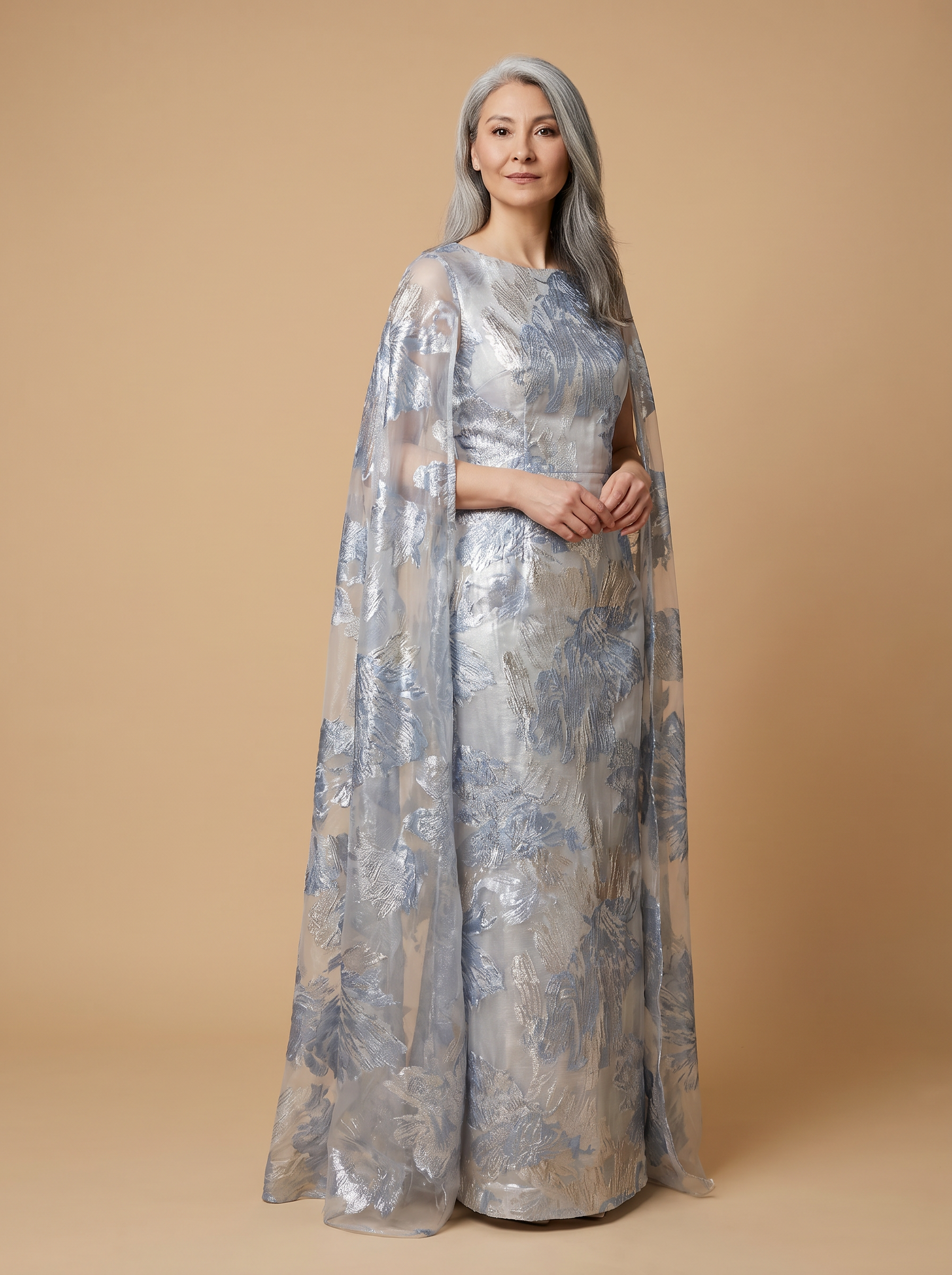  Refined Dusty Blue Jacquard Cape Column Mother of the Bride & Groom Dresses 