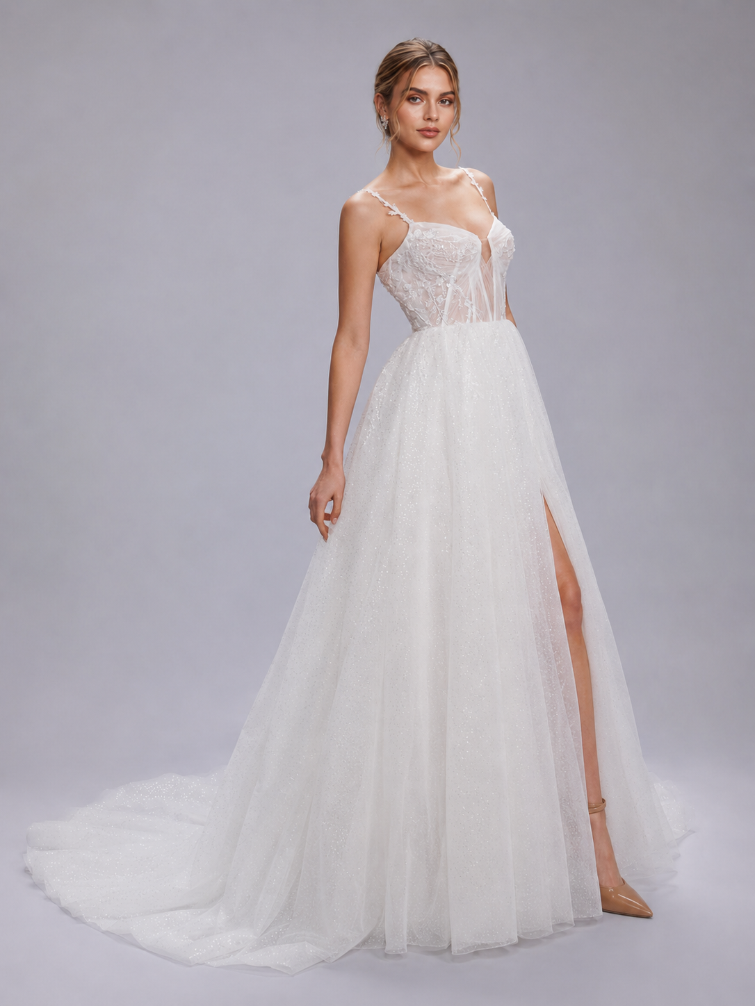 White Sweetheart Corset-Bodice Glitter Tulle High Slit A-Line Wedding Dress 