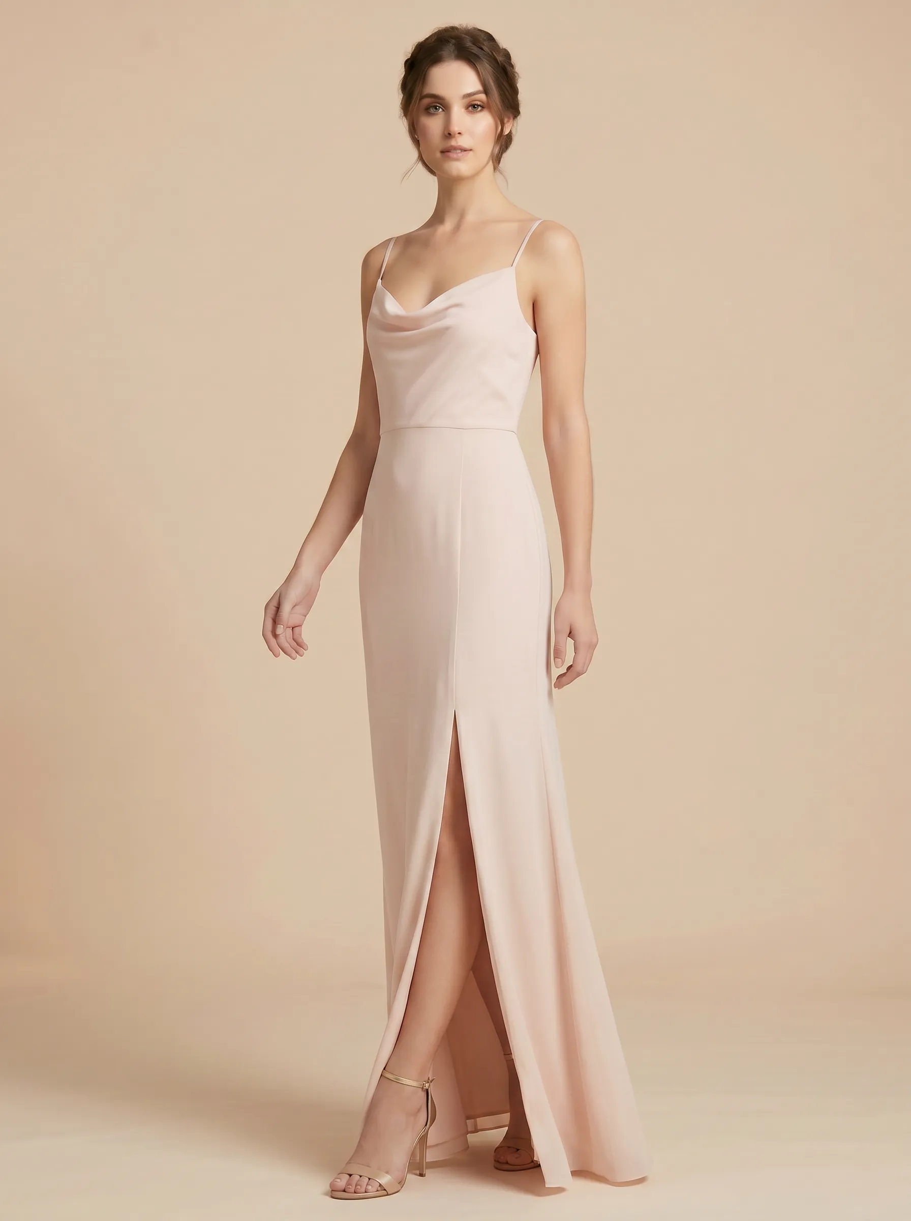Blush Pink Cowl Neck Spaghetti Strap Chiffon Bridesmaid Dress with Slit