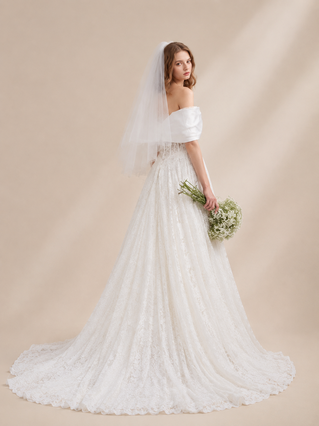 White Off-the-Shoulder Lace Corset A-Line Maxi Wedding Dress 