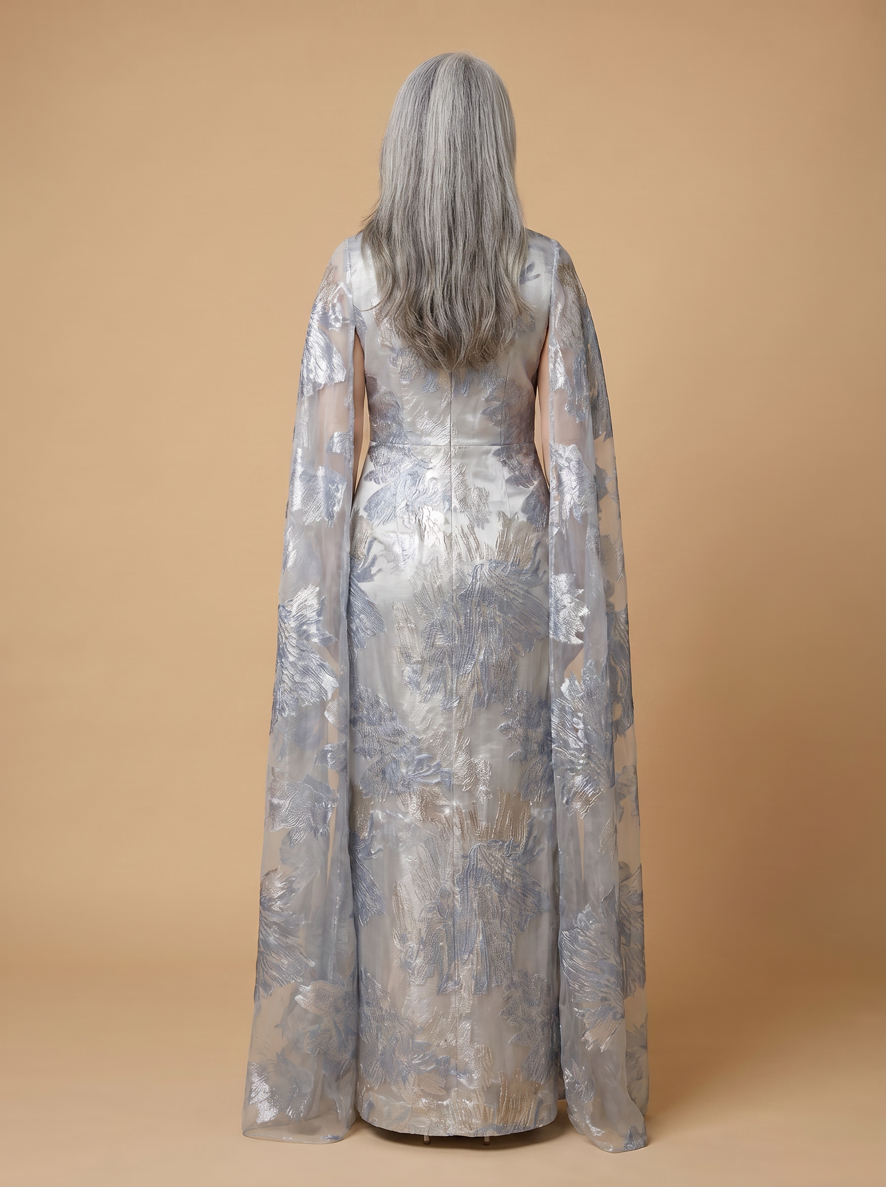  Refined Dusty Blue Jacquard Cape Column Mother of the Bride & Groom Dresses 