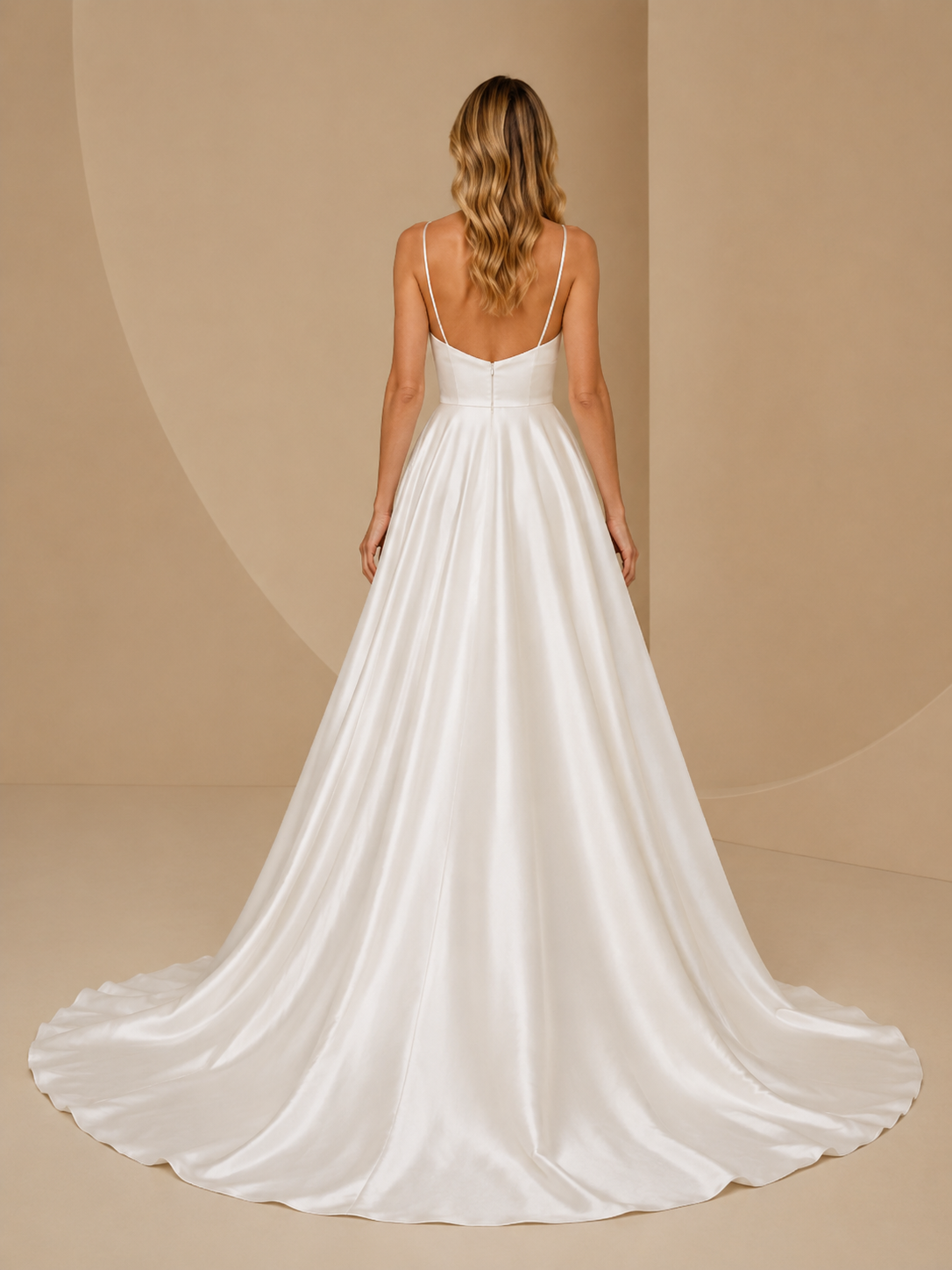 White V-Neck Spaghetti Strap Satin A-Line Maxi Wedding Dress 