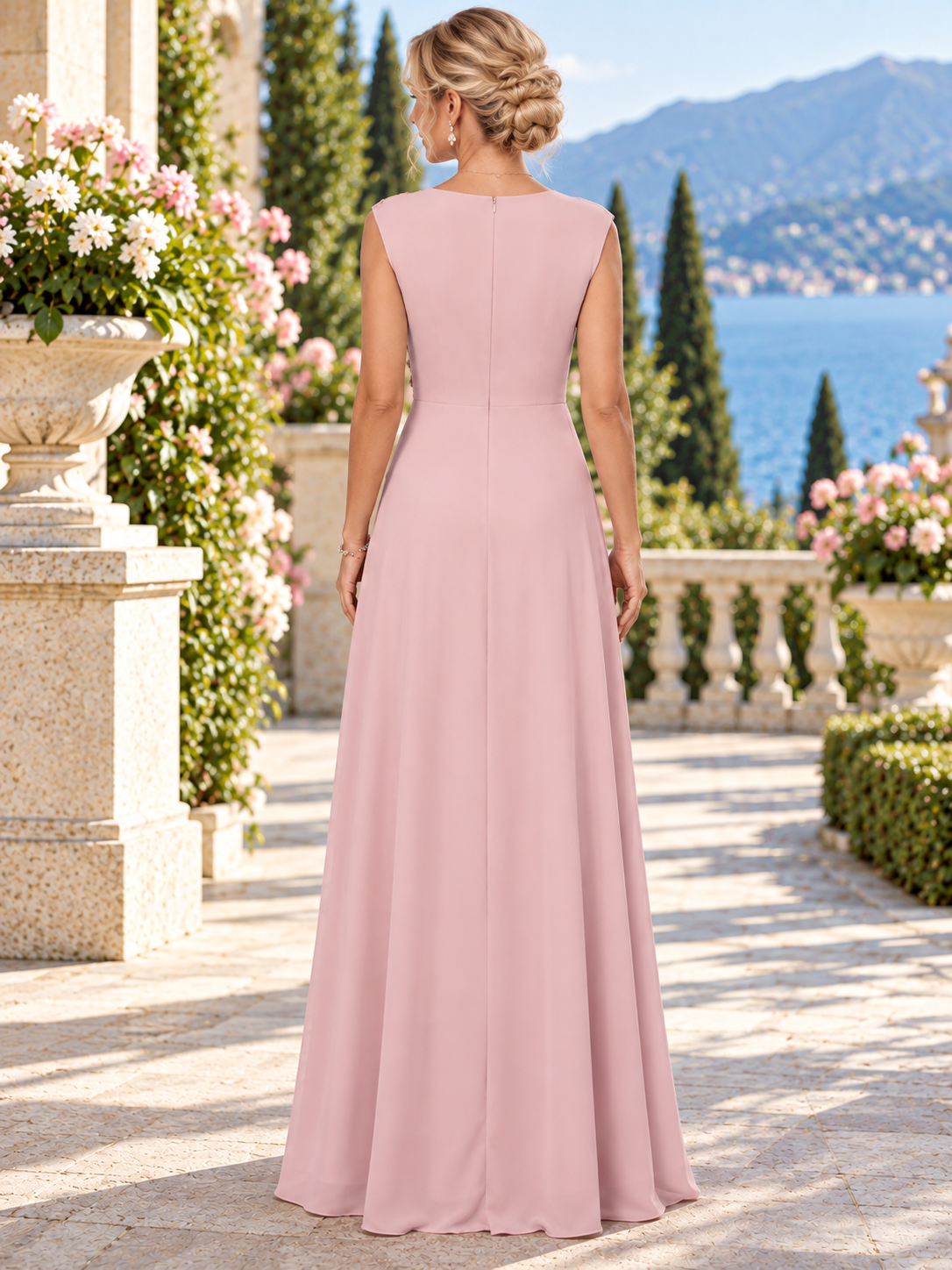 Dusty Pink Keyhole Floral Embroidered Asymmetrical A-Line Maxi Mother of the Bride & Groom Dresses 