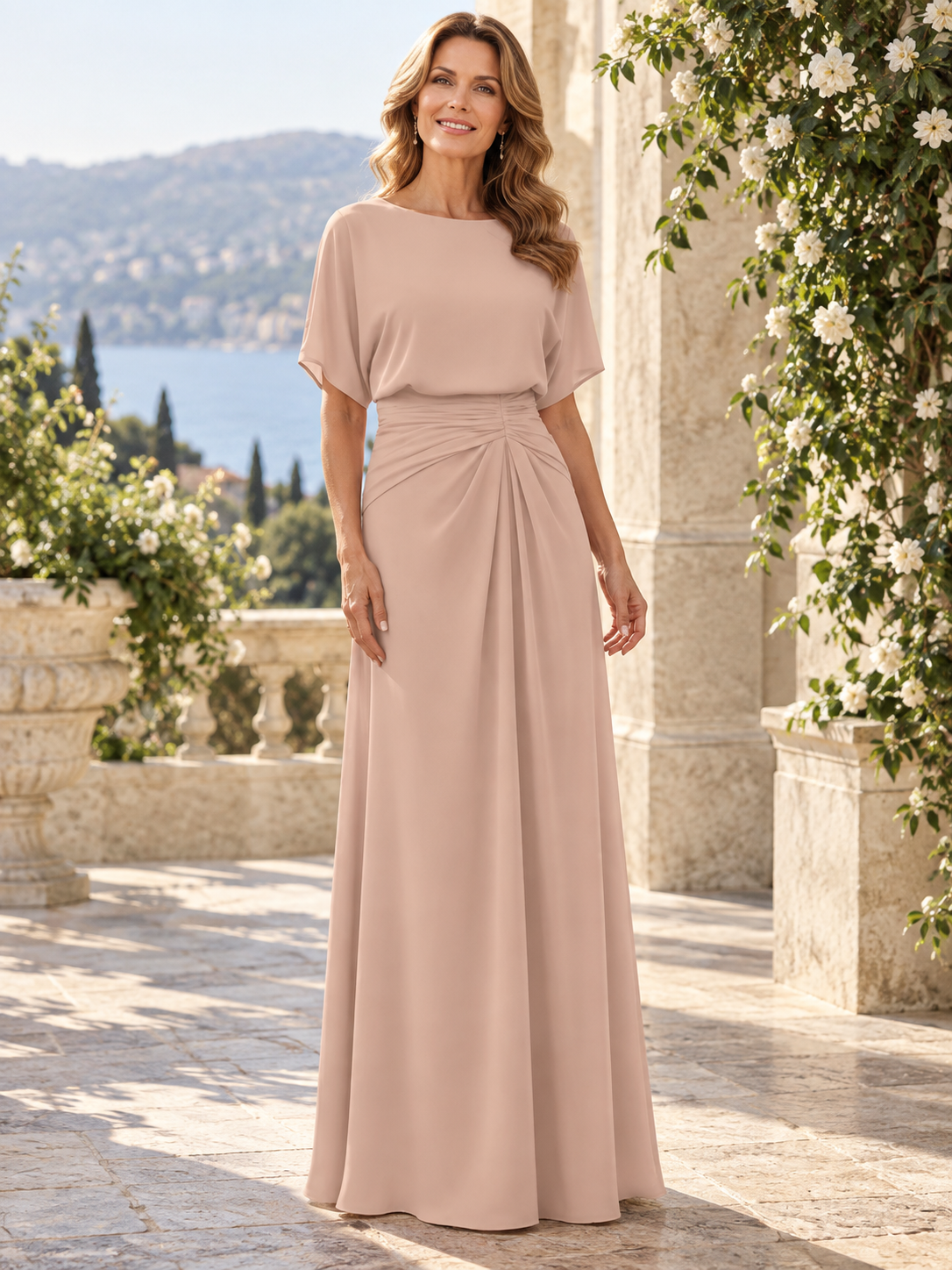 Ethereal Blush Pink Chiffon Boatneck Short Sleeve A-Line Mother of the Bride & Groom Dresses 