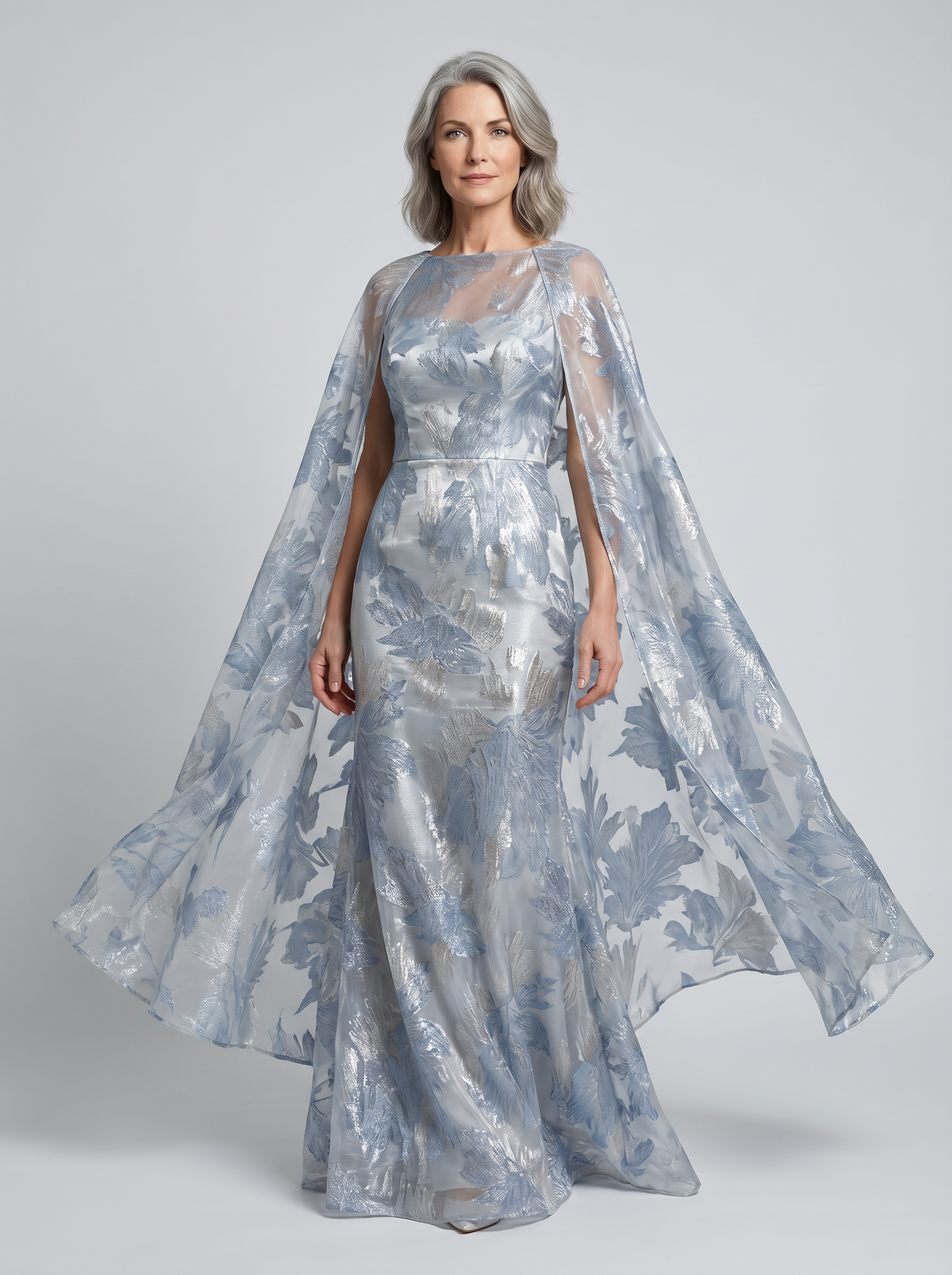 Ethereal Dusty Blue Floral Jacquard Cape Sheath Mother of the Bride & Groom Dresses 