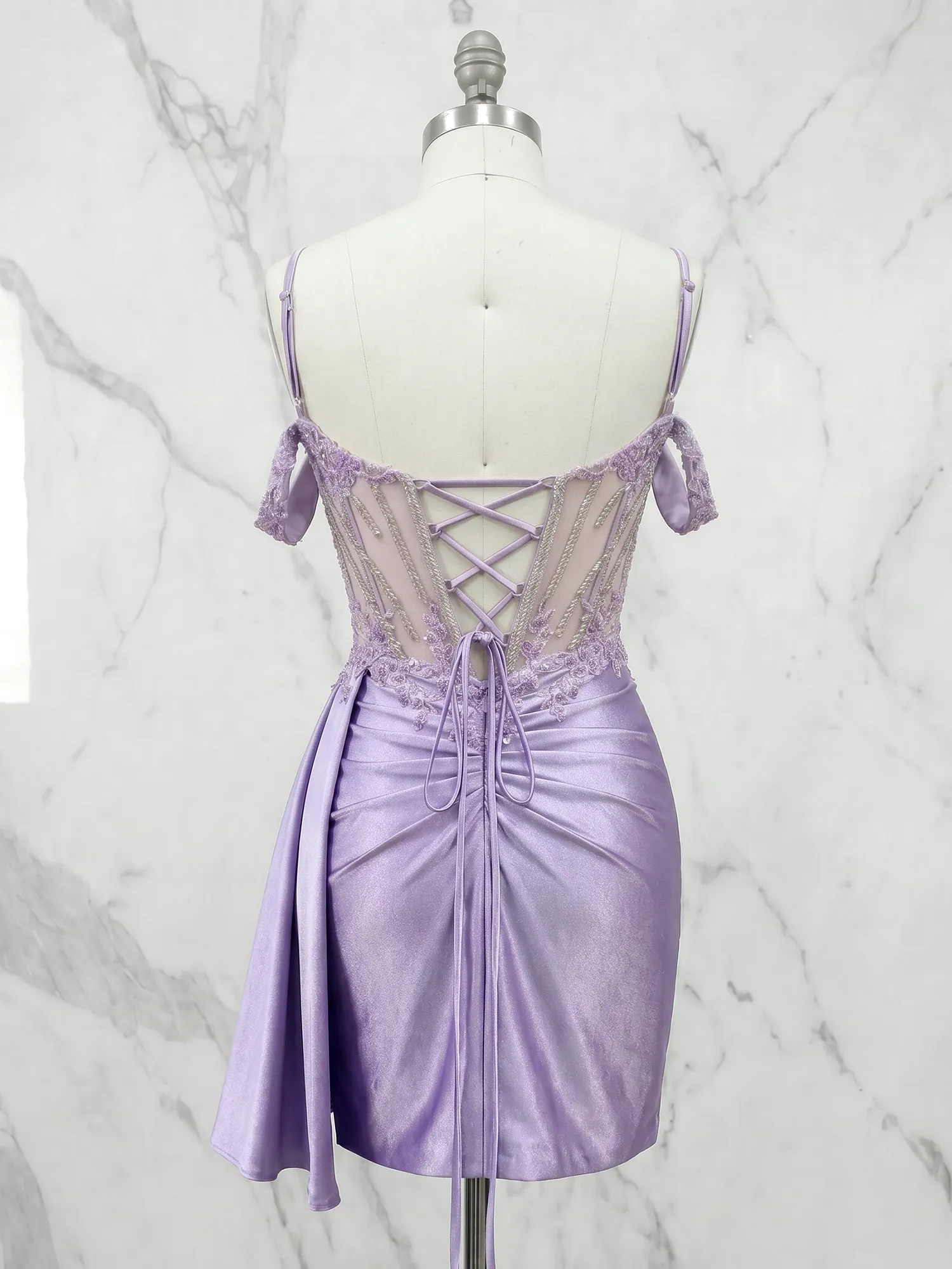 Off-the-Shoulder Lace Corset Homecoming Dress with Draped Skirt