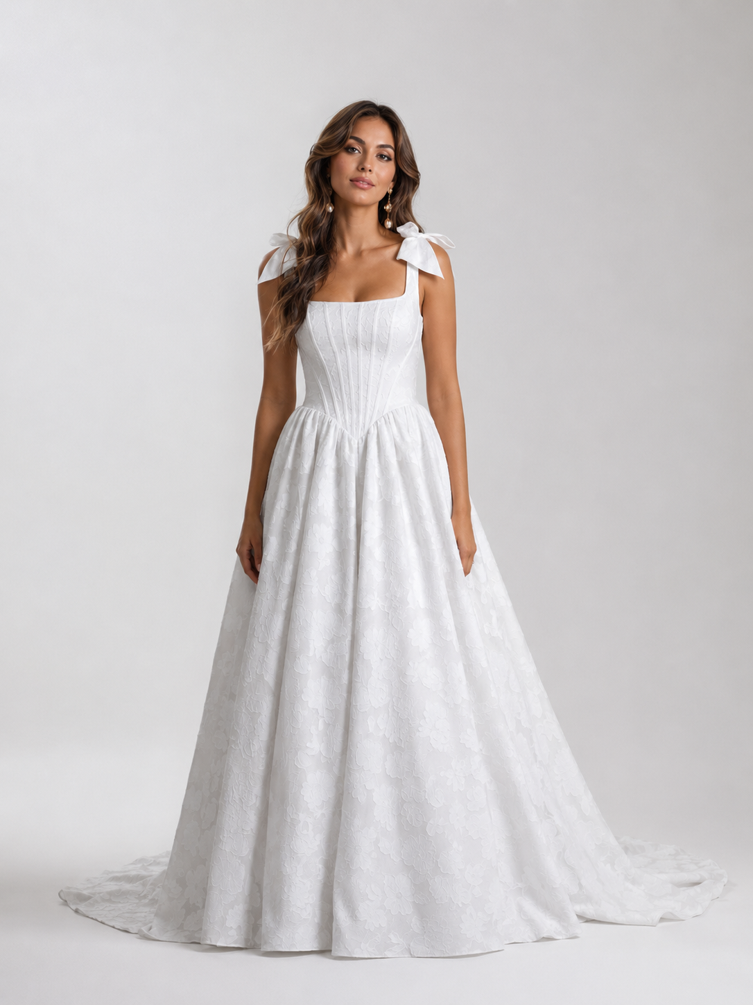  White Ball-Gown with Pockets Floral Burnout Square Neckline A-Line Wedding Dress