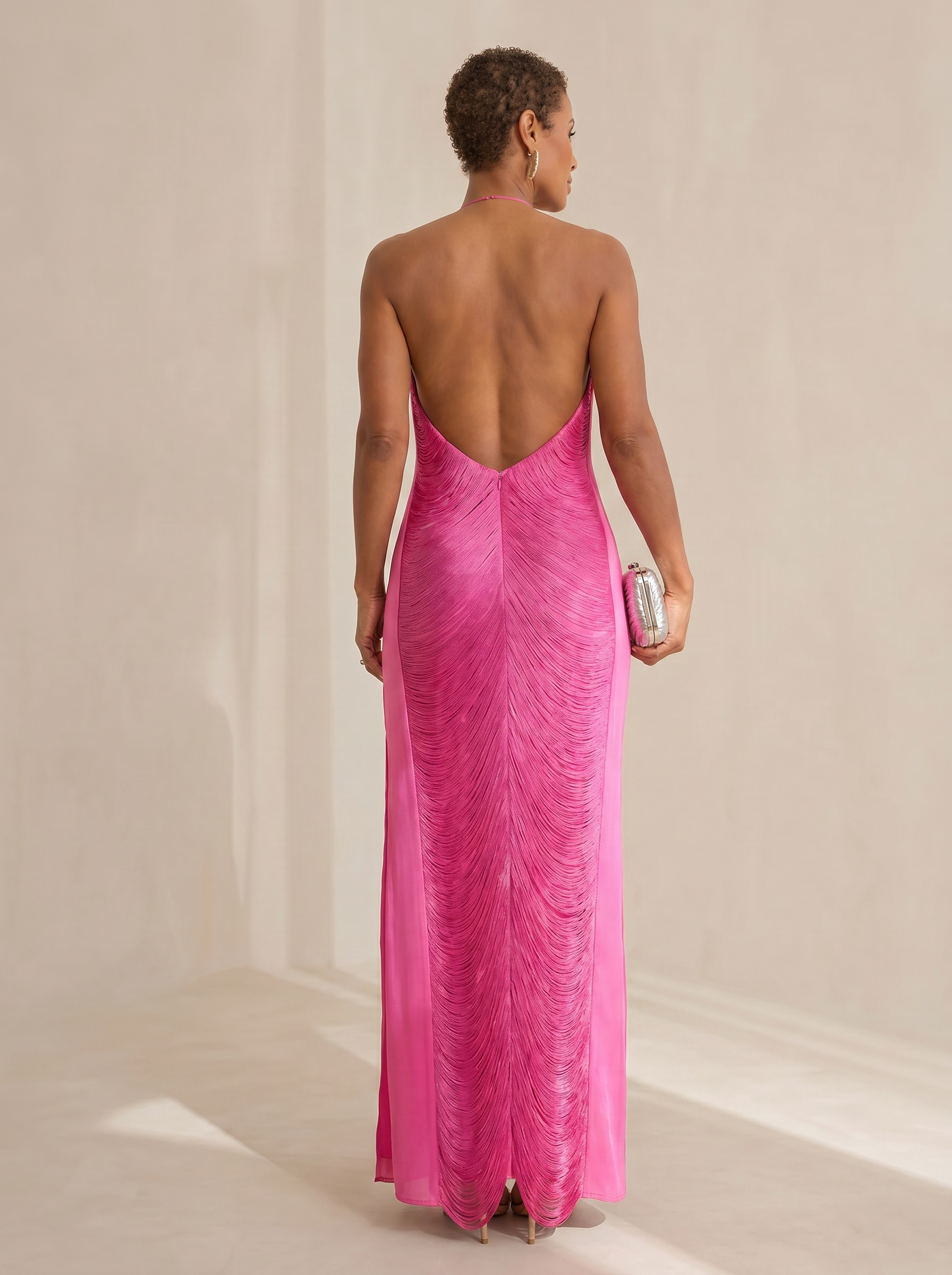 Radiant Fuchsia Fringe Halter Sheath Maxi Formal Evening Dress 