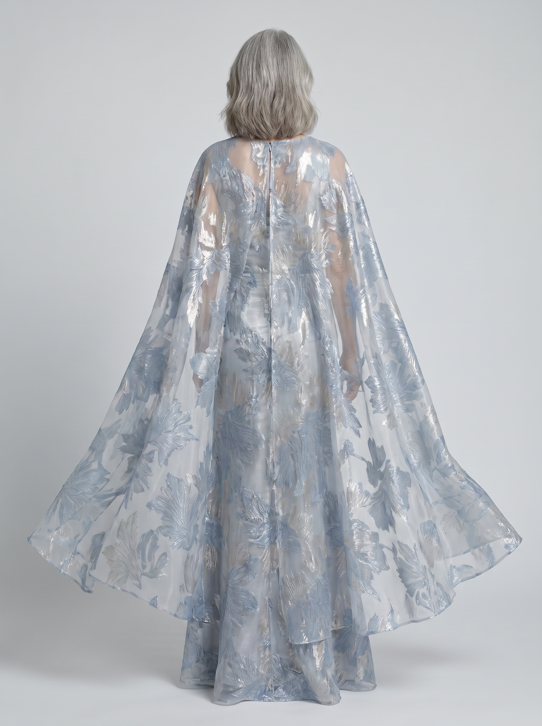 Ethereal Dusty Blue Floral Jacquard Cape Sheath Mother of the Bride & Groom Dresses 