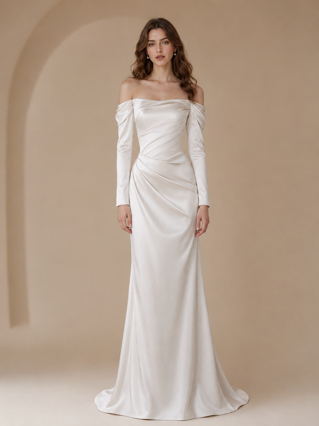 White Off-the-Shoulder Long-Sleeve Satin Column Wedding Dress 