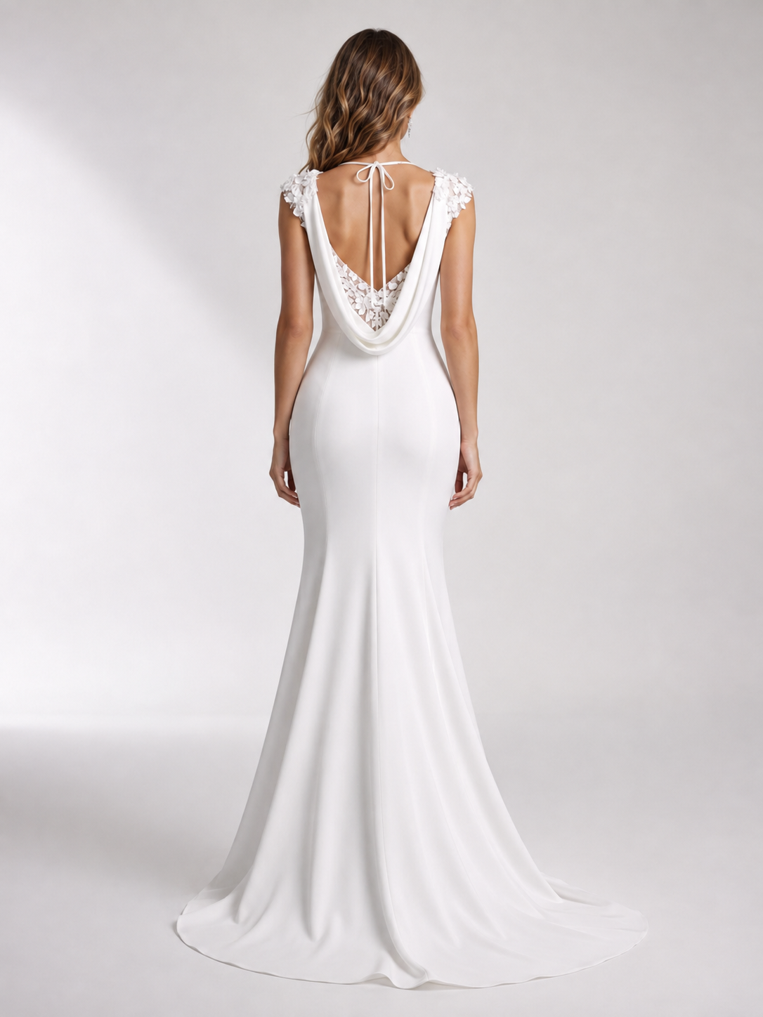  White Mermaid Boatneck Crepe Back Satin Sleeveless Sheath Wedding Dress 