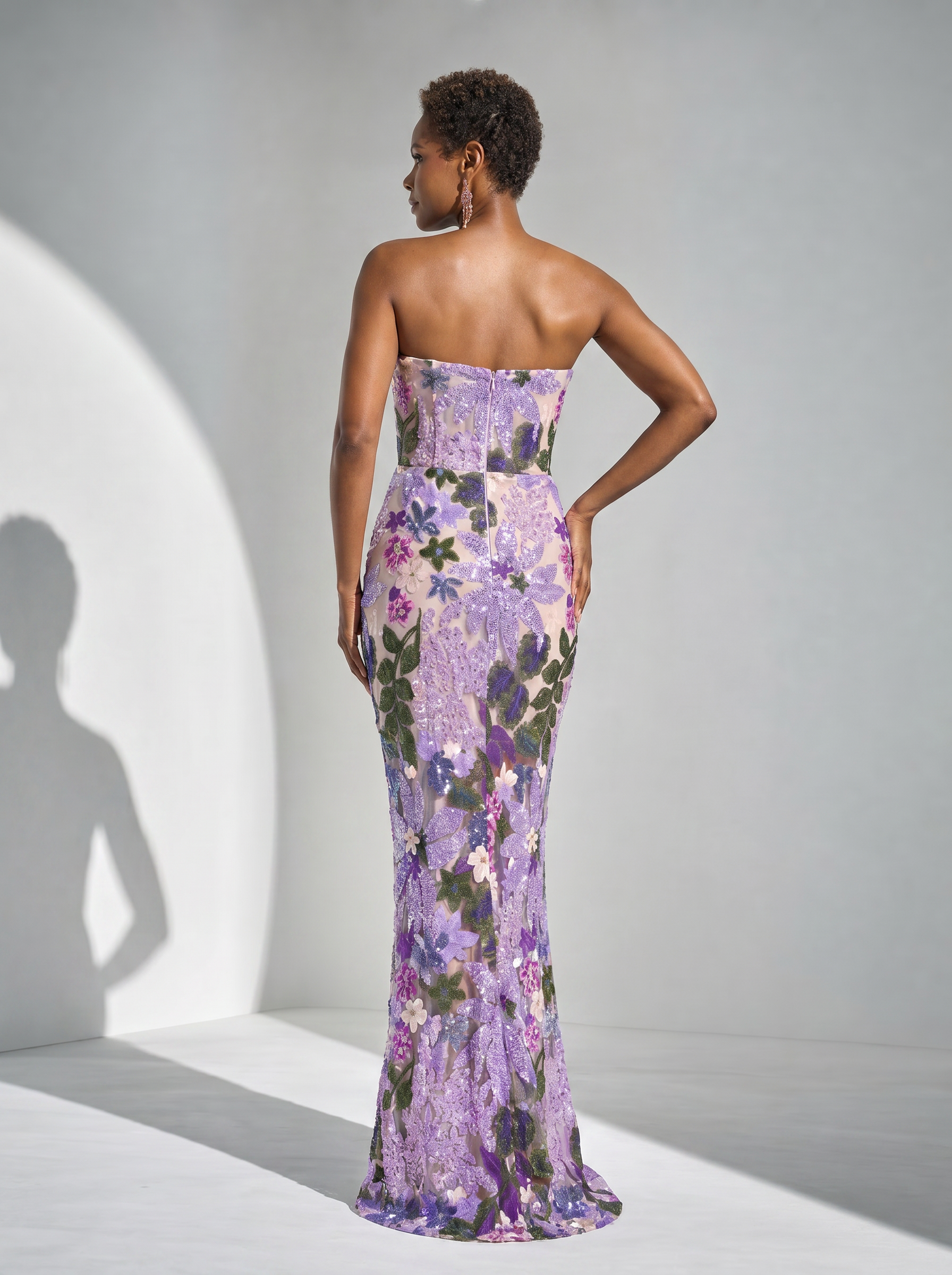 Enchanting Lavender Floral Embroidered Strapless Sweetheart Column Formal Evening Dress 