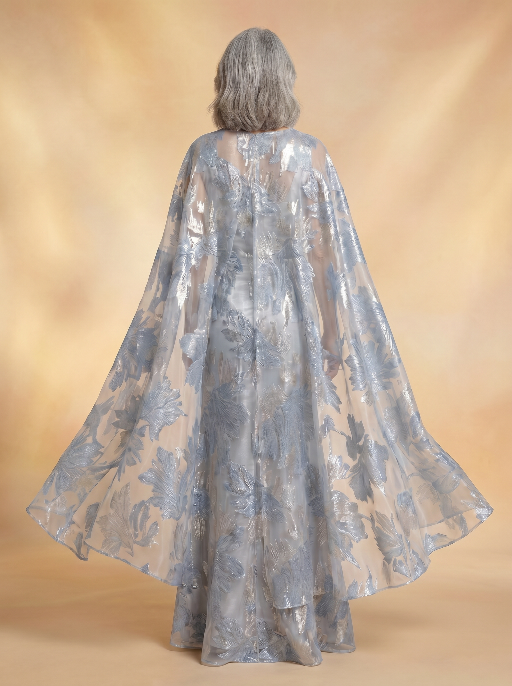 Elegant Dusty Blue Jacquard Cape A-Line Mother of the Bride & Groom Dresses 