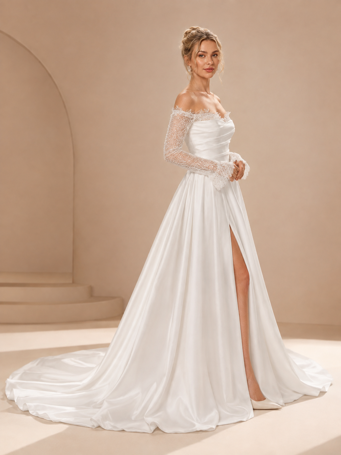 White Off-the-Shoulder Draped Satin High Slit A-Line Wedding Dress 