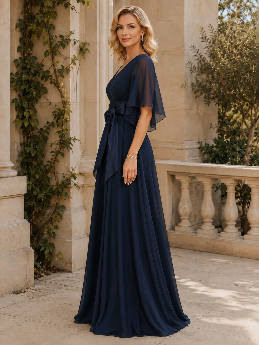 Navy Blue Chiffon V-Neck Ruched Bow Maxi Mother of the Bride Dresses