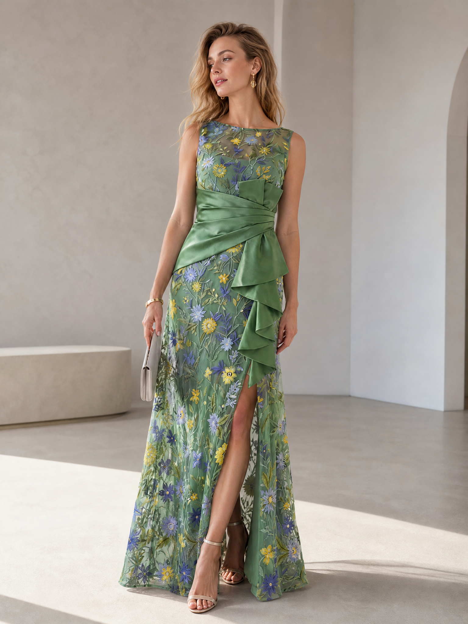 Enchanting Sage Green Embroidered Garden Column Formal Evening Dress With Slit