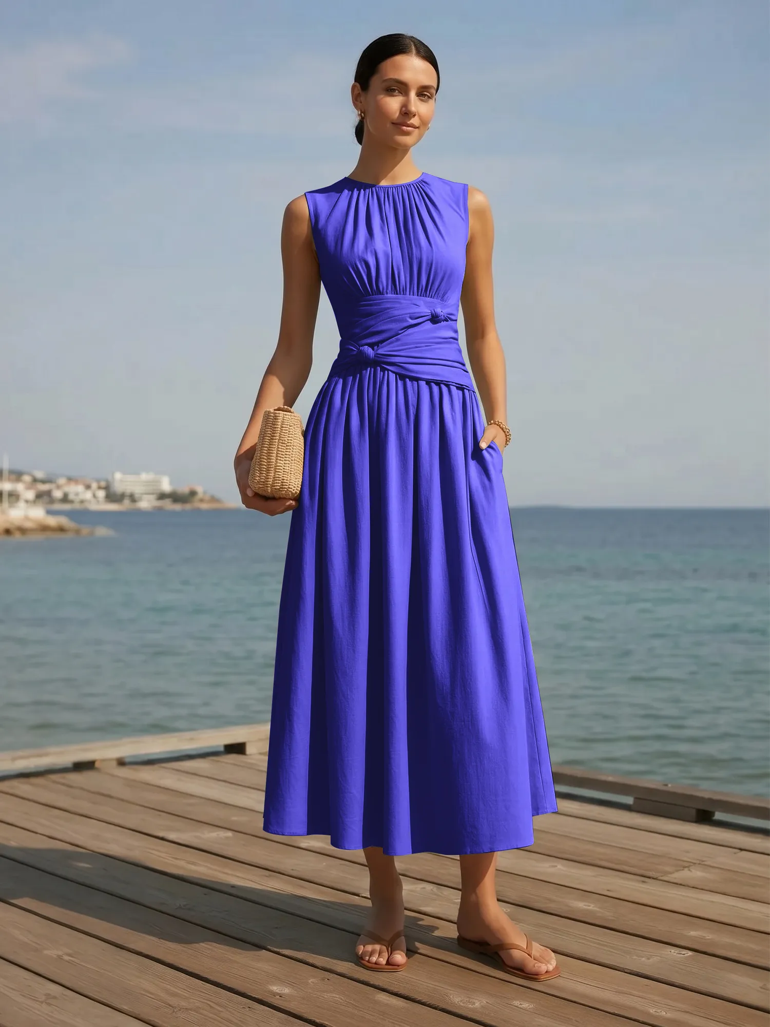 Sleeveless Round Neck Waist-Knot Midi Evening Dress