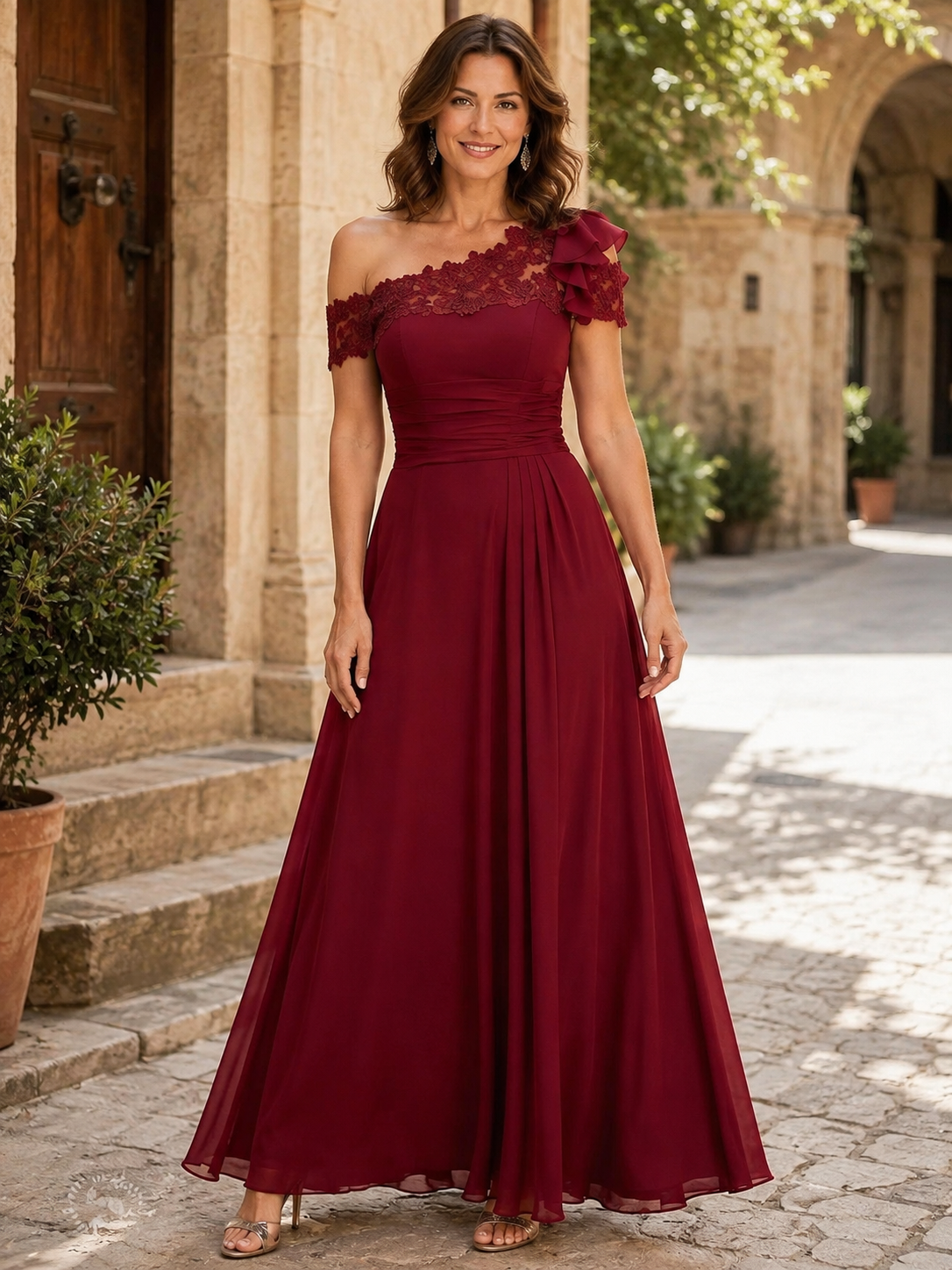 Burgundy One-Shoulder Chiffon Lace A-Line Maxi Mother of the Bride & Groom Dresses