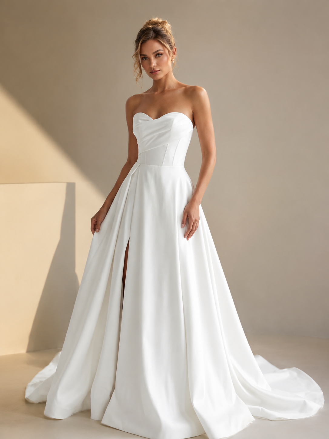 White Sweetheart Strapless Pleated Satin Slit A-Line Wedding Dress 