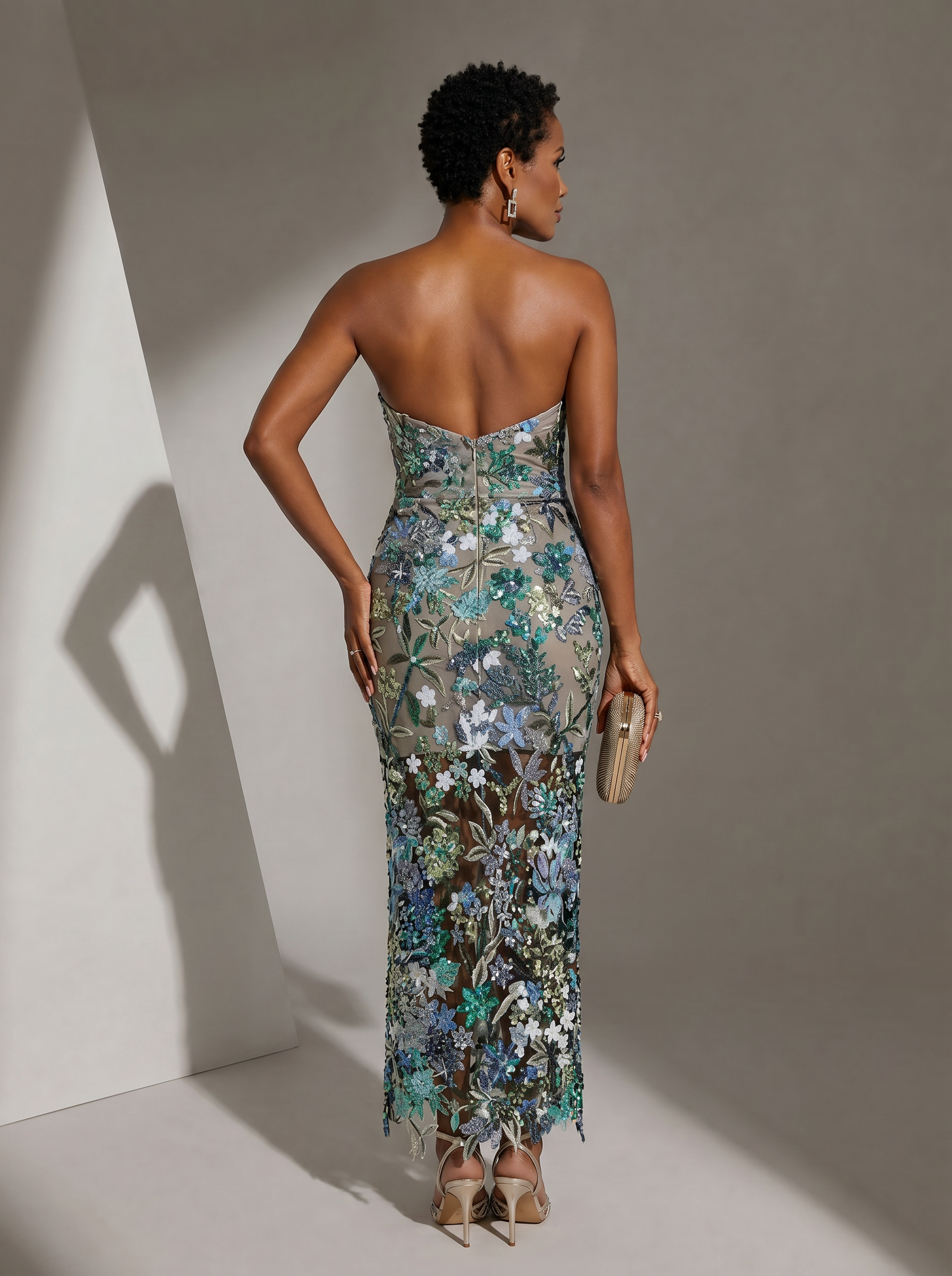 Radiant Emerald & Sapphire Floral Embroidered Strapless Column Formal Evening Dress 