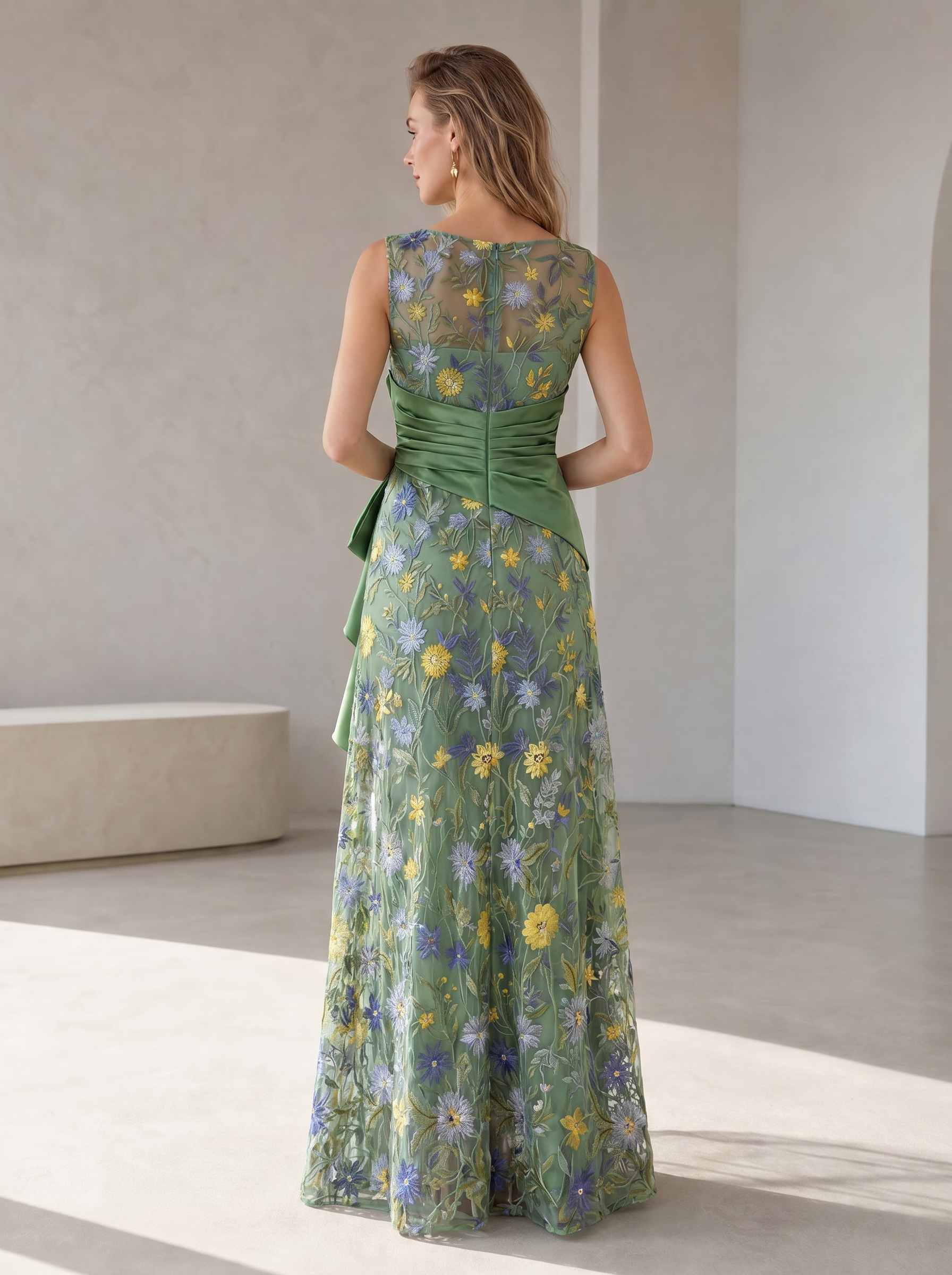 Enchanting Sage Green Embroidered Garden Column Formal Evening Dress With Slit