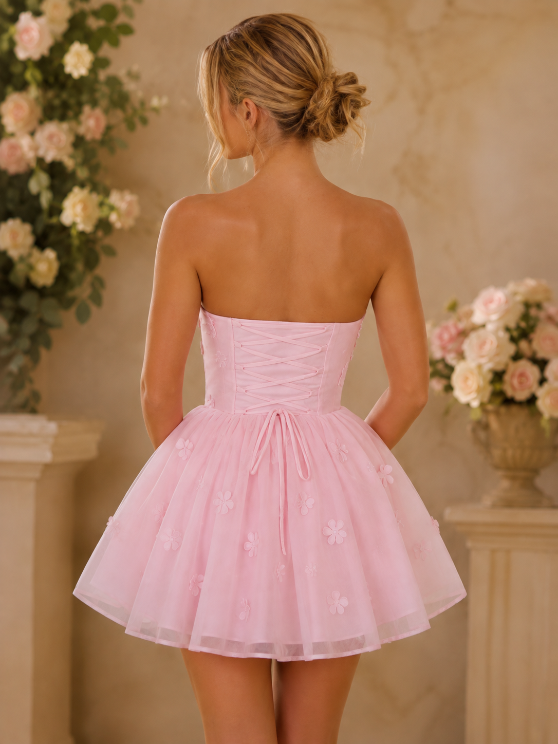 Pink Strapless 3D Floral Appliqué Corset Tulle Homecoming Dress 