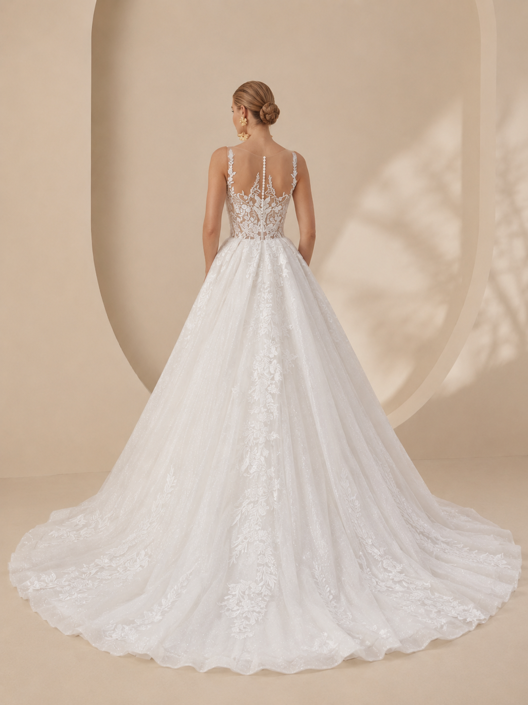 White Illusion Plunge Sleeveless Sweetheart Lace Appliqué A-Line Maxi Wedding Dress 