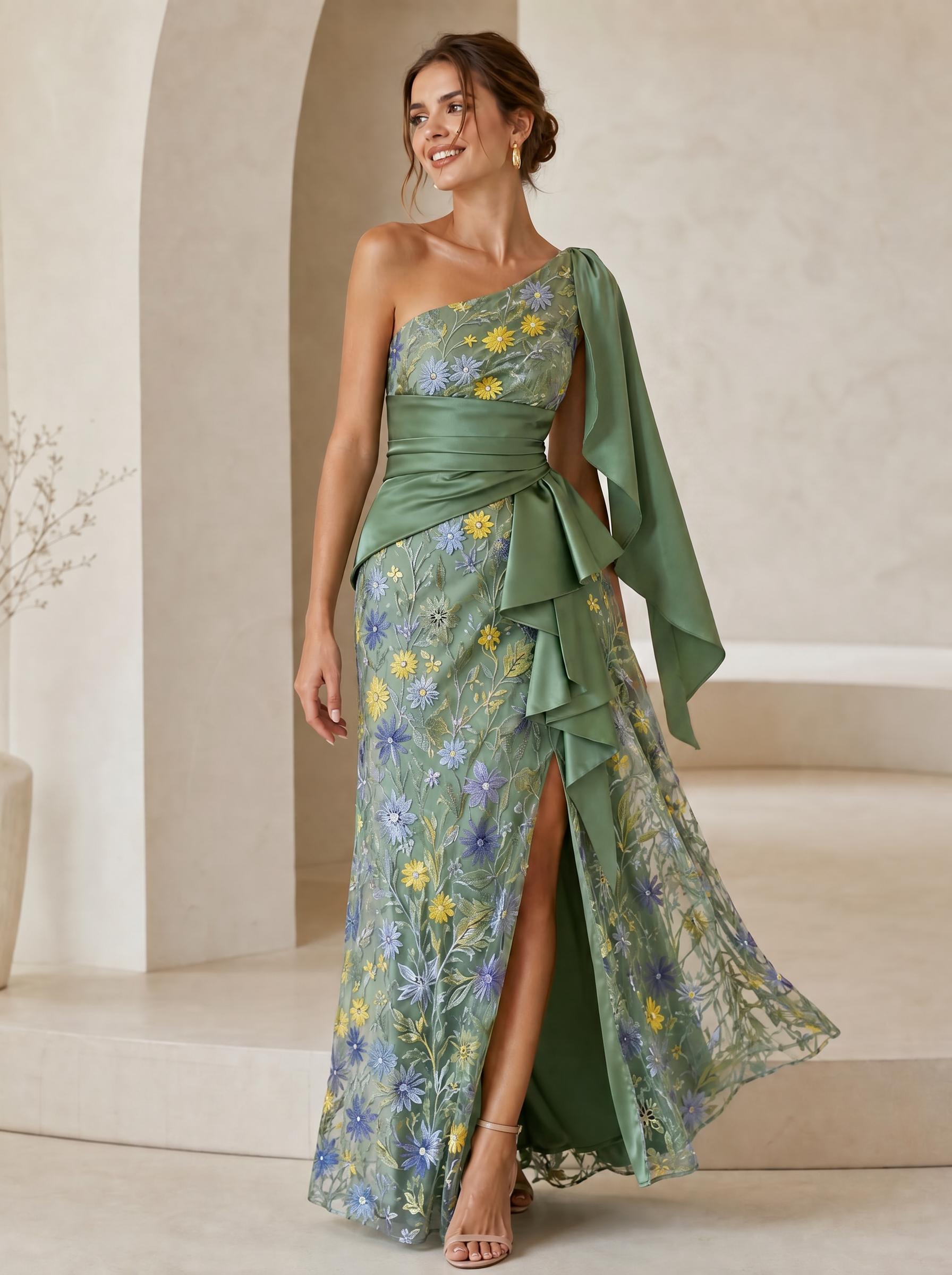  Elegant Sage Green Embroidered One Shoulder Garden Sheath Formal Evening Dress With Slit