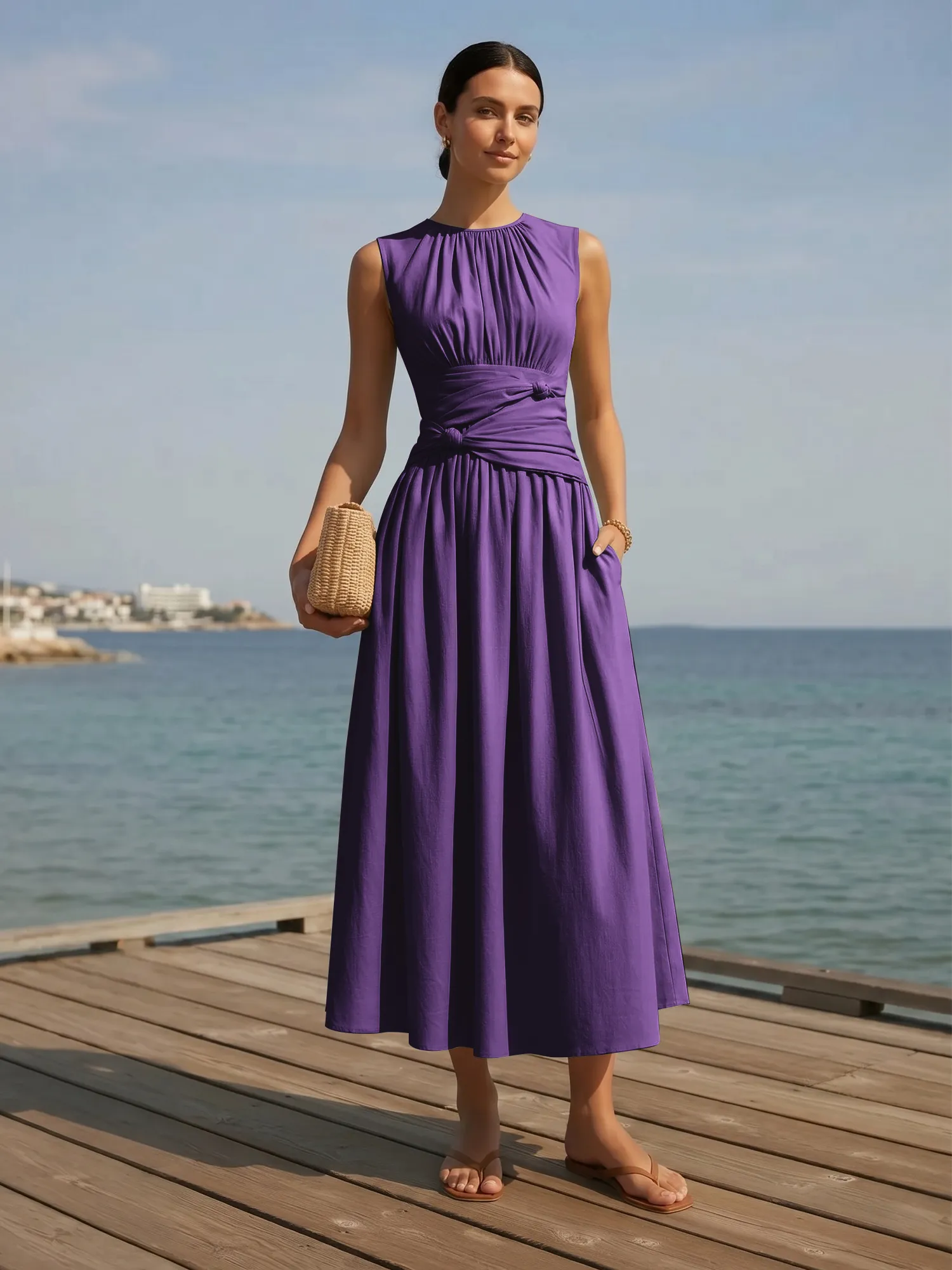 Sleeveless Round Neck Waist-Knot Midi Evening Dress