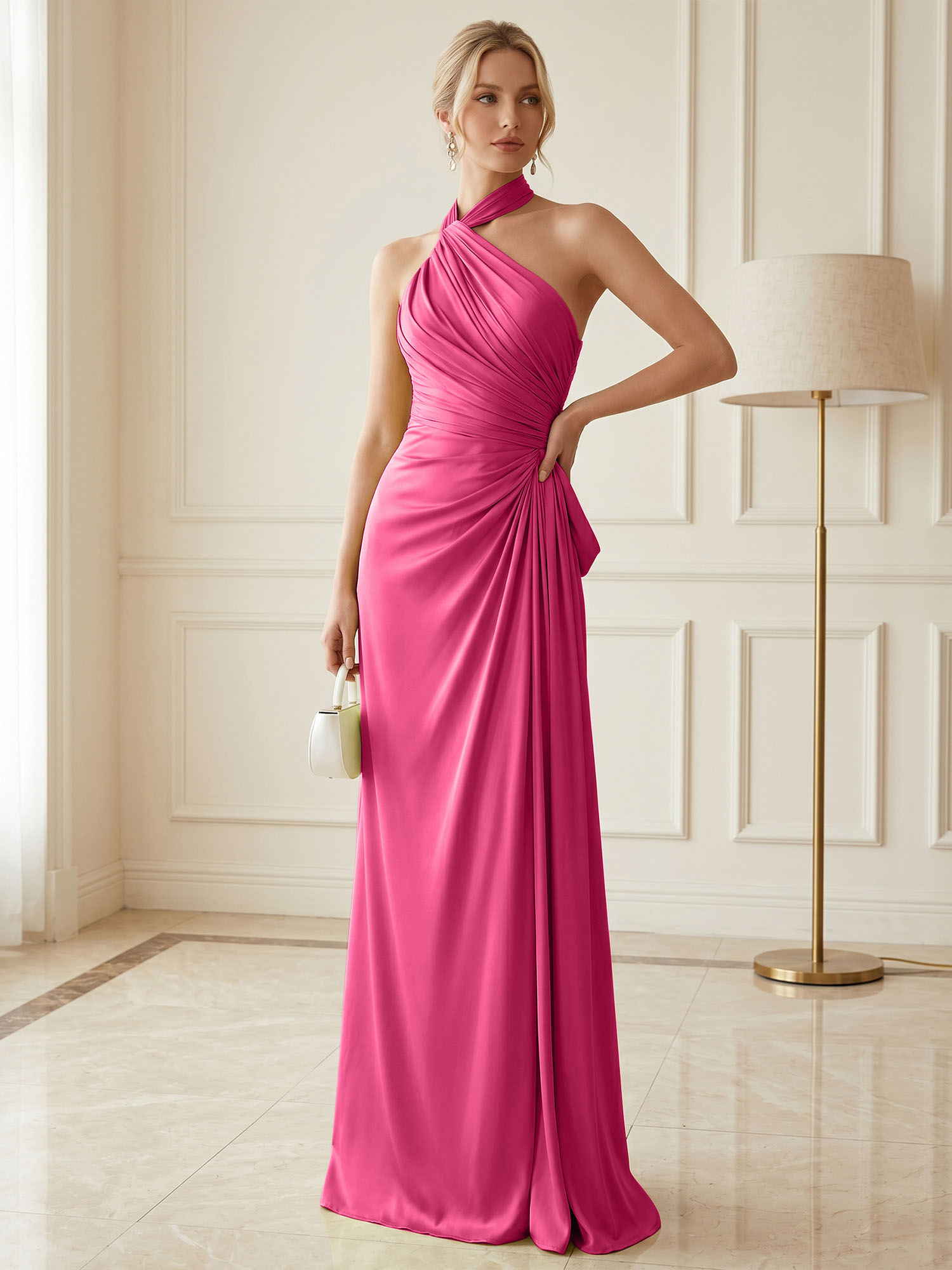 Chartreuse Glow Ruched Halter Satin Evening Dress