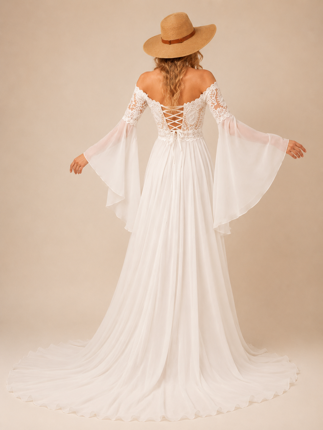 White Off-the-Shoulder Bell-Sleeve Lace Chiffon A-Line Wedding Dress 