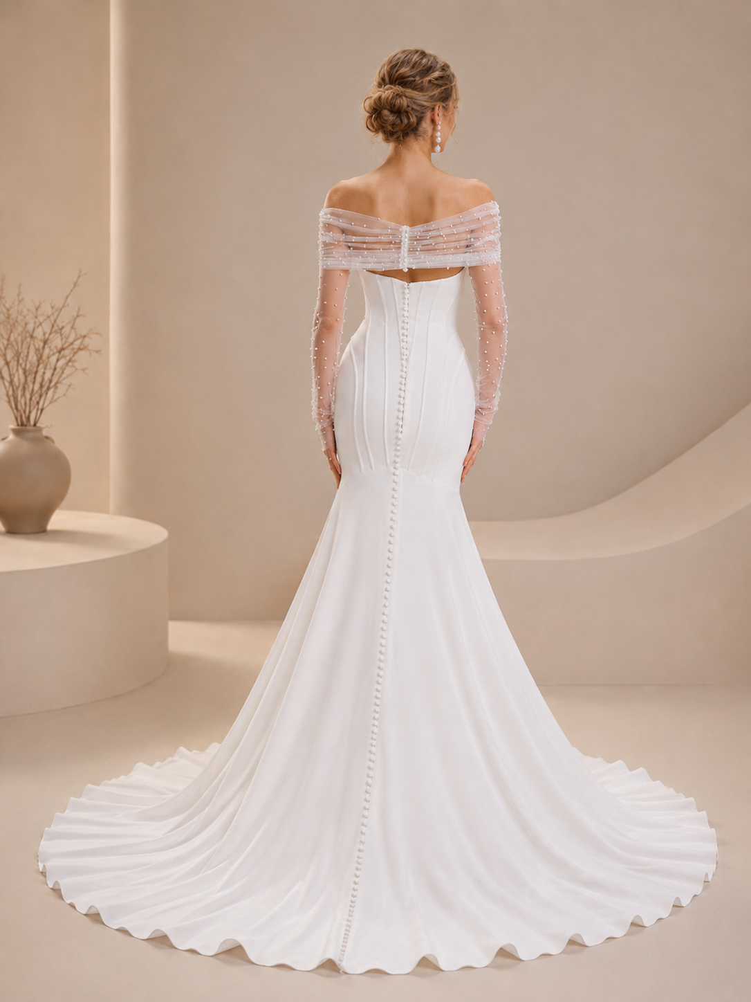 White Off-the-Shoulder Sweetheart Draped Satin Mermaid Wedding Dress 